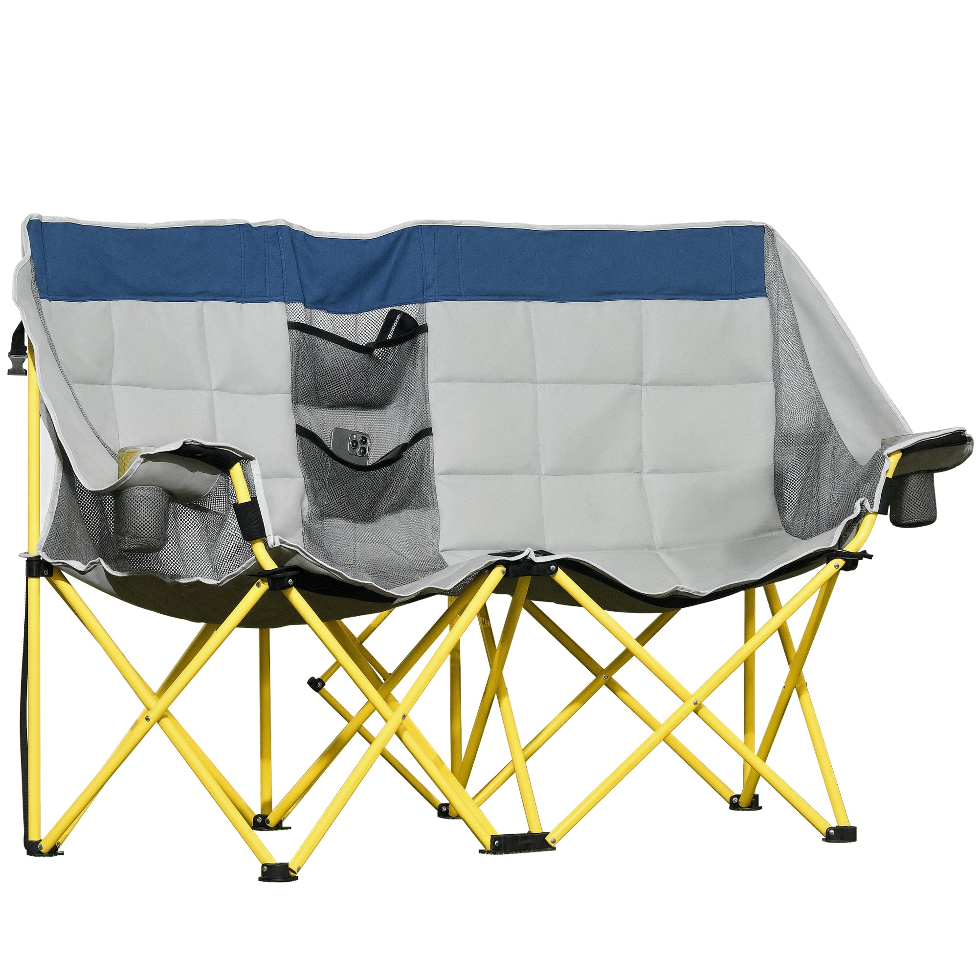 Loveseat Style Camping Chair, Oversized Folding Lawn Chair with Carry Bag & Cup Holders, for Outdoor, Navy Blue & Gray