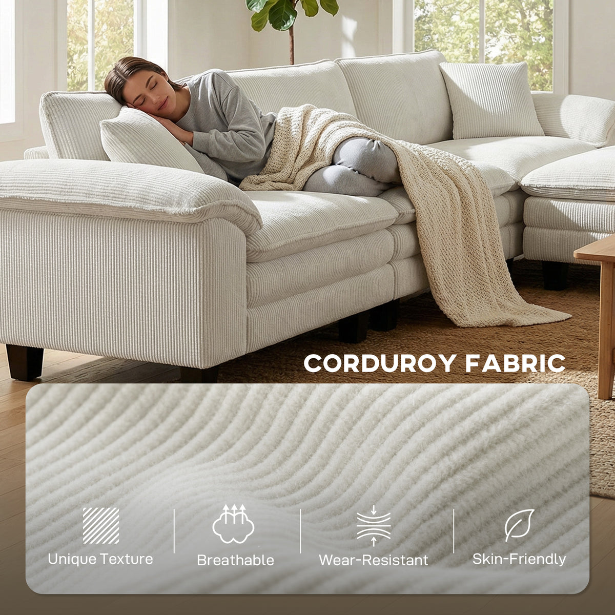 Sectional Sofa, L Shaped Couch with Deep Seat, Movable Ottoman and Pillow-top Armrests, Beige