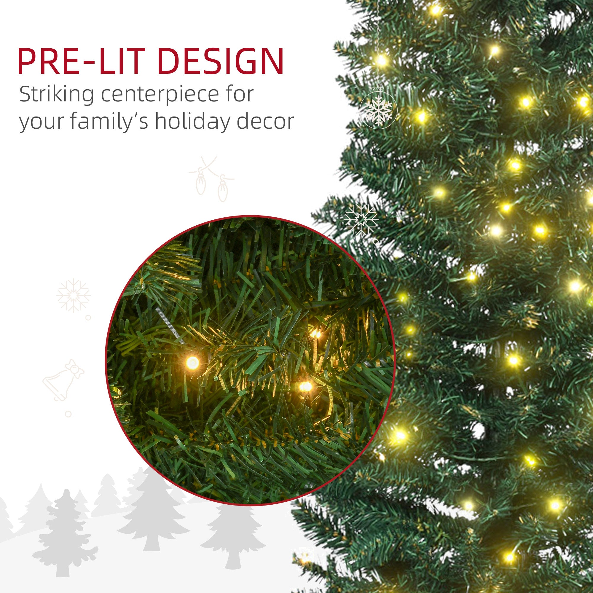 7' Tall Pre-Lit Slim Noble Fir Artificial Pencil Christmas Tree with 200 Warm White LED Lights and 499 Tips, for Christmas Decoration, Green