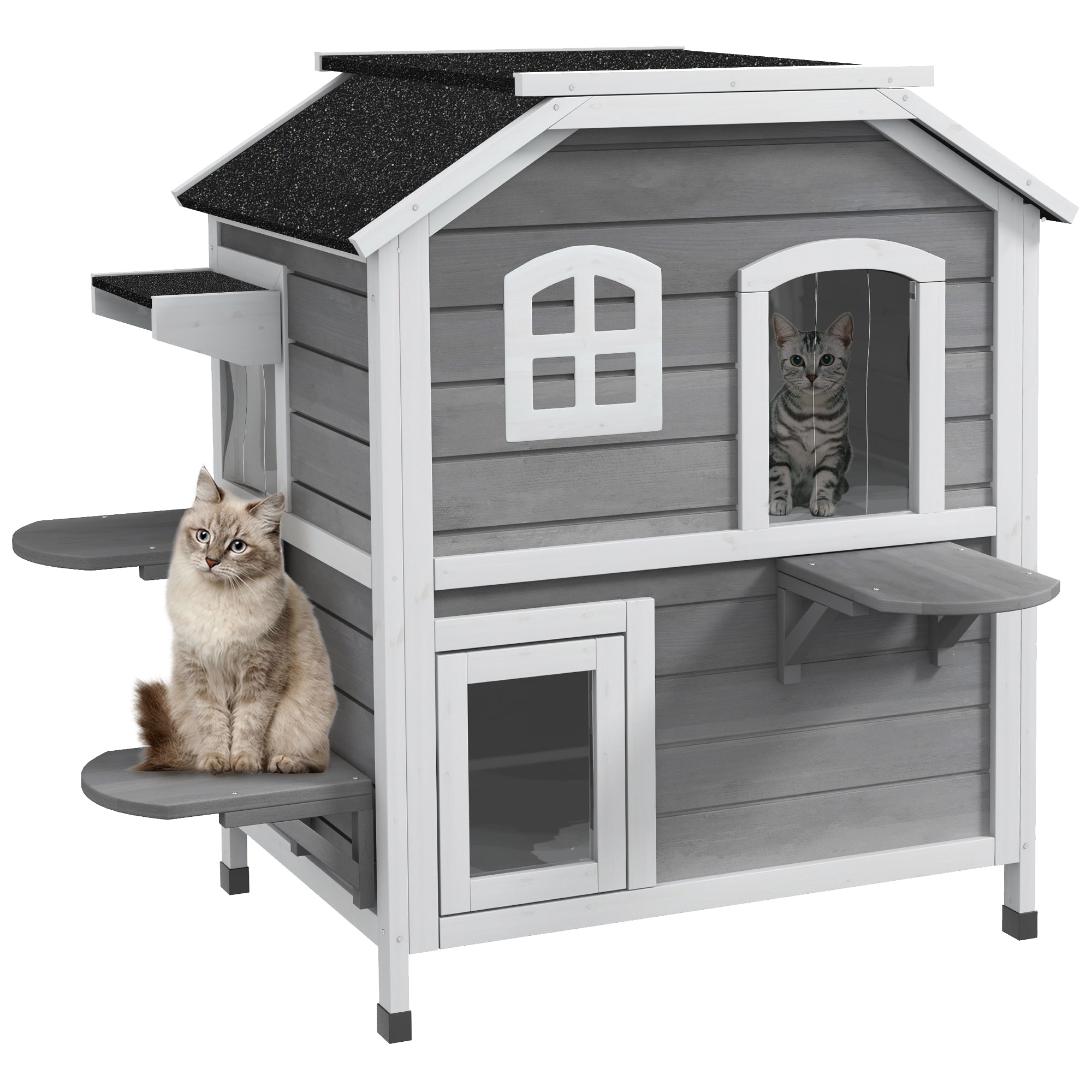 2-story Cat House Outdoor, Weatherproof Wooden Cat Enclosure for Feral Cats with Escape Door, Openable Roof, Jumping Platforms, Gray