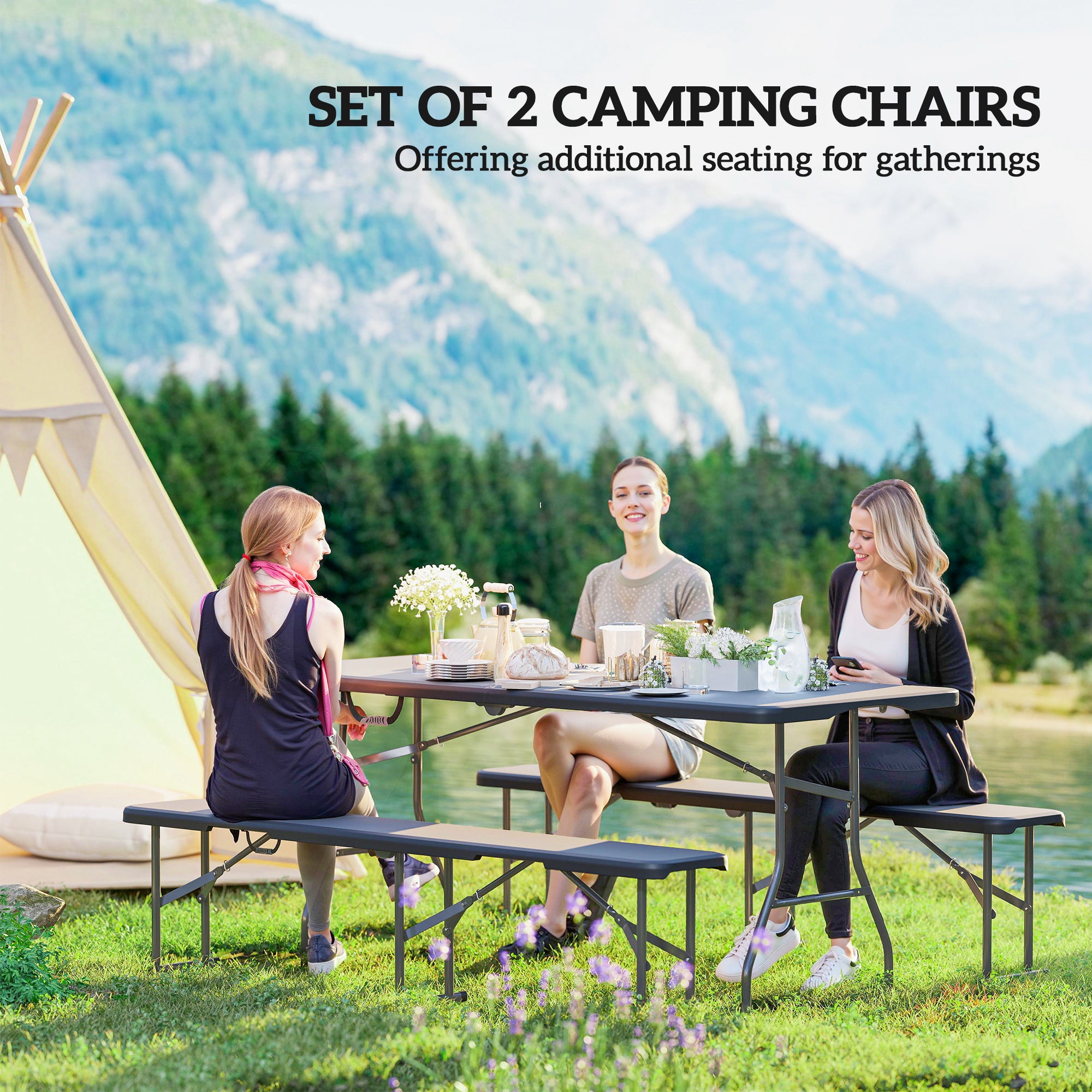2 Pack 6 ft Portable Foldable Bench Seats, Plastic Folding Benches with Carrying Handle for Camping, Black