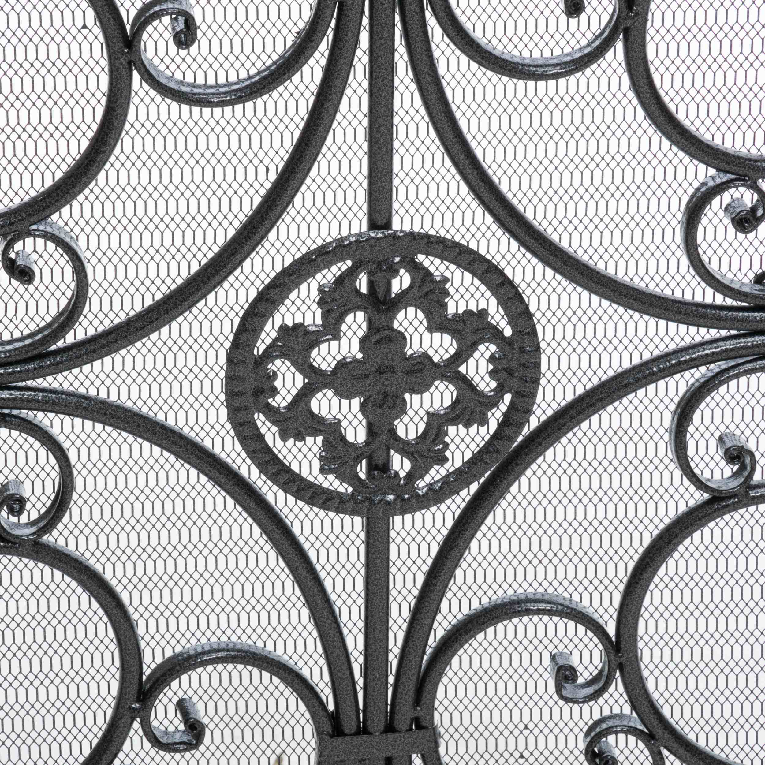 Traditional Fireplace Screen with Victorian Inspired Design, Wrought Iron with Ornate Detailing, 44.5" L x 9.75" W x 35" H, Black+Silver