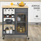 Rolling Kitchen Island with Storage, Kitchen Cart with 4-bottle Wine Rack, Bar Cart with Stemware Holder, Shelves, Drawer and Cabinet, Gray