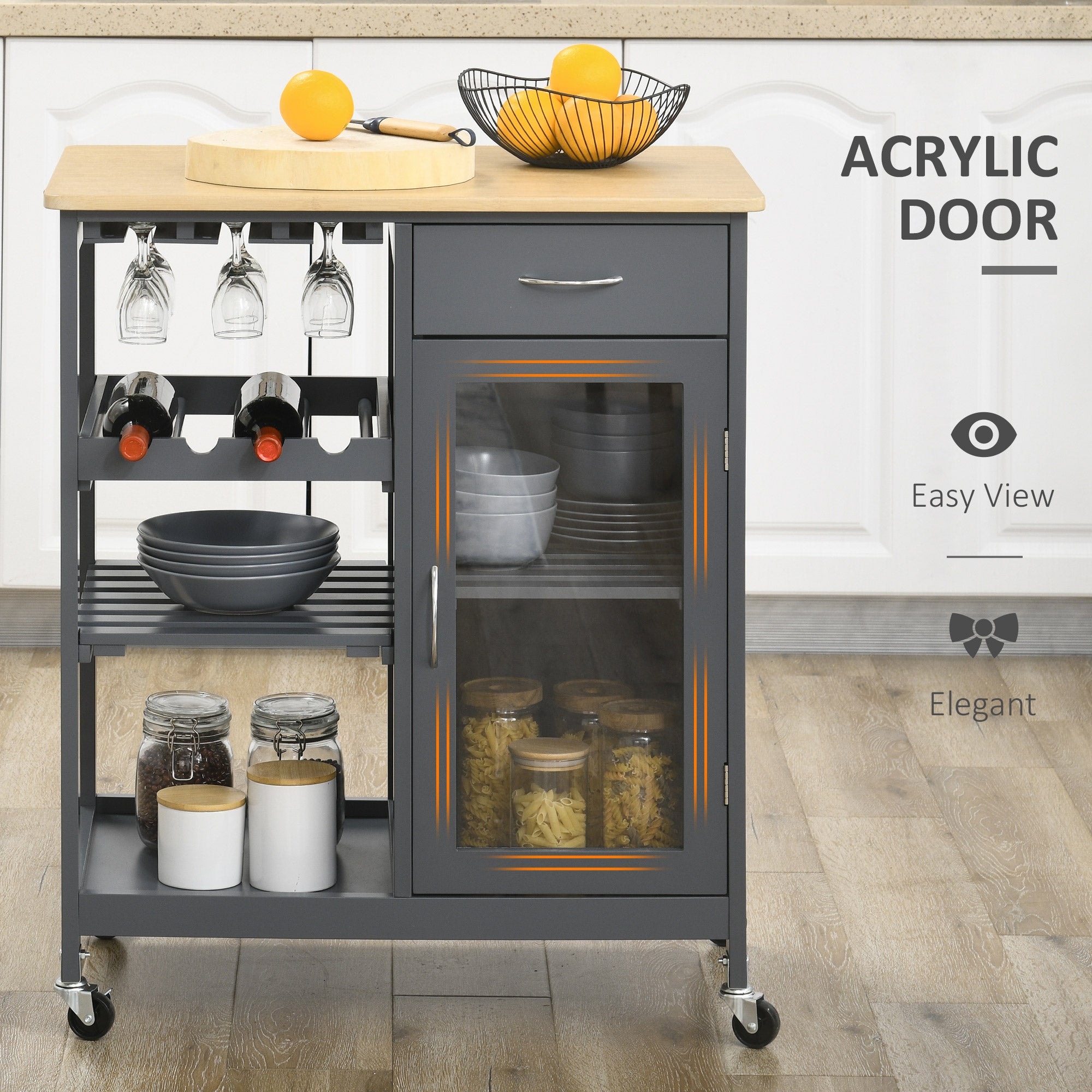 Rolling Kitchen Island with Storage, Kitchen Cart with 4-bottle Wine Rack, Bar Cart with Stemware Holder, Shelves, Drawer and Cabinet, Gray