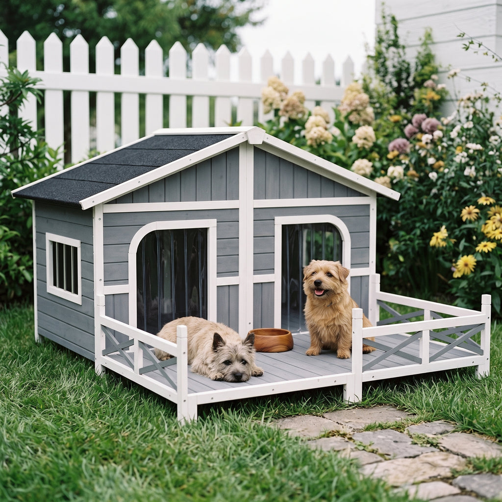 Dog House Outdoor, Wooden Dog Kennel Weatherproof with Porch, Openable Roof, Removable Bottom, Elevated Floor, Double Room for 2 Small to Medium Breeds, Gray