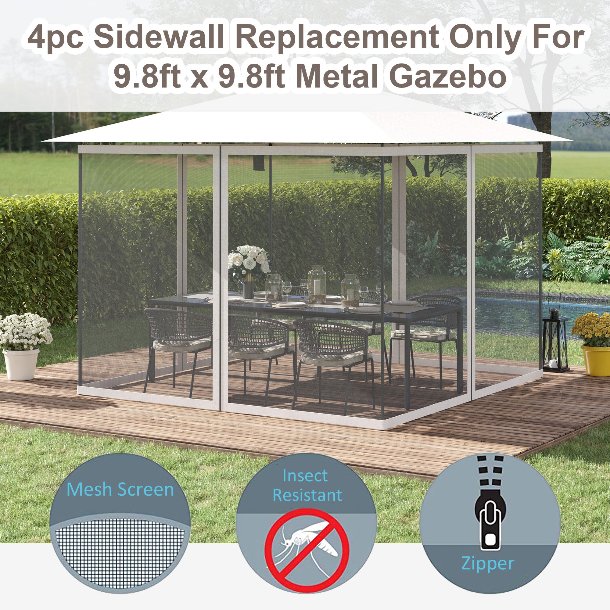 Universal Replacement Mesh Sidewall Netting for 9.84' x 13.1' Gazebos and Canopy Tents with Zippers, (Sidewall Only) White