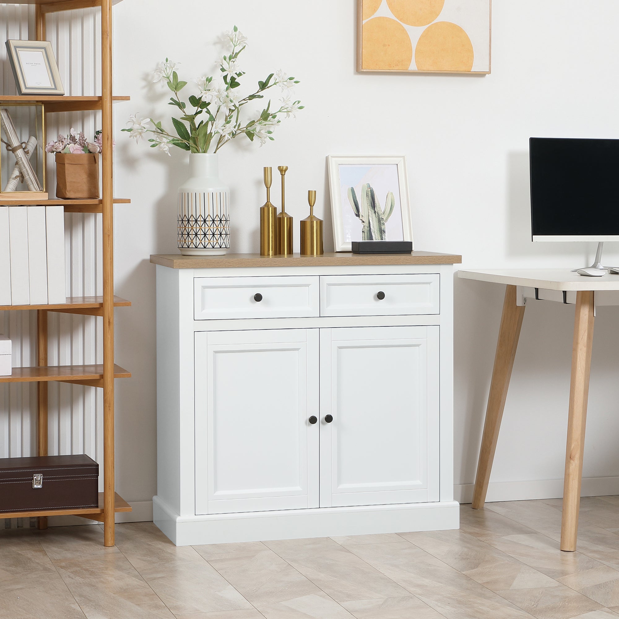 Sideboard Buffet Cabinet, Coffee Bar Cabinet with 2 Drawers and Double Door Cupboard for Kitchen, Living Room, Entryway, White