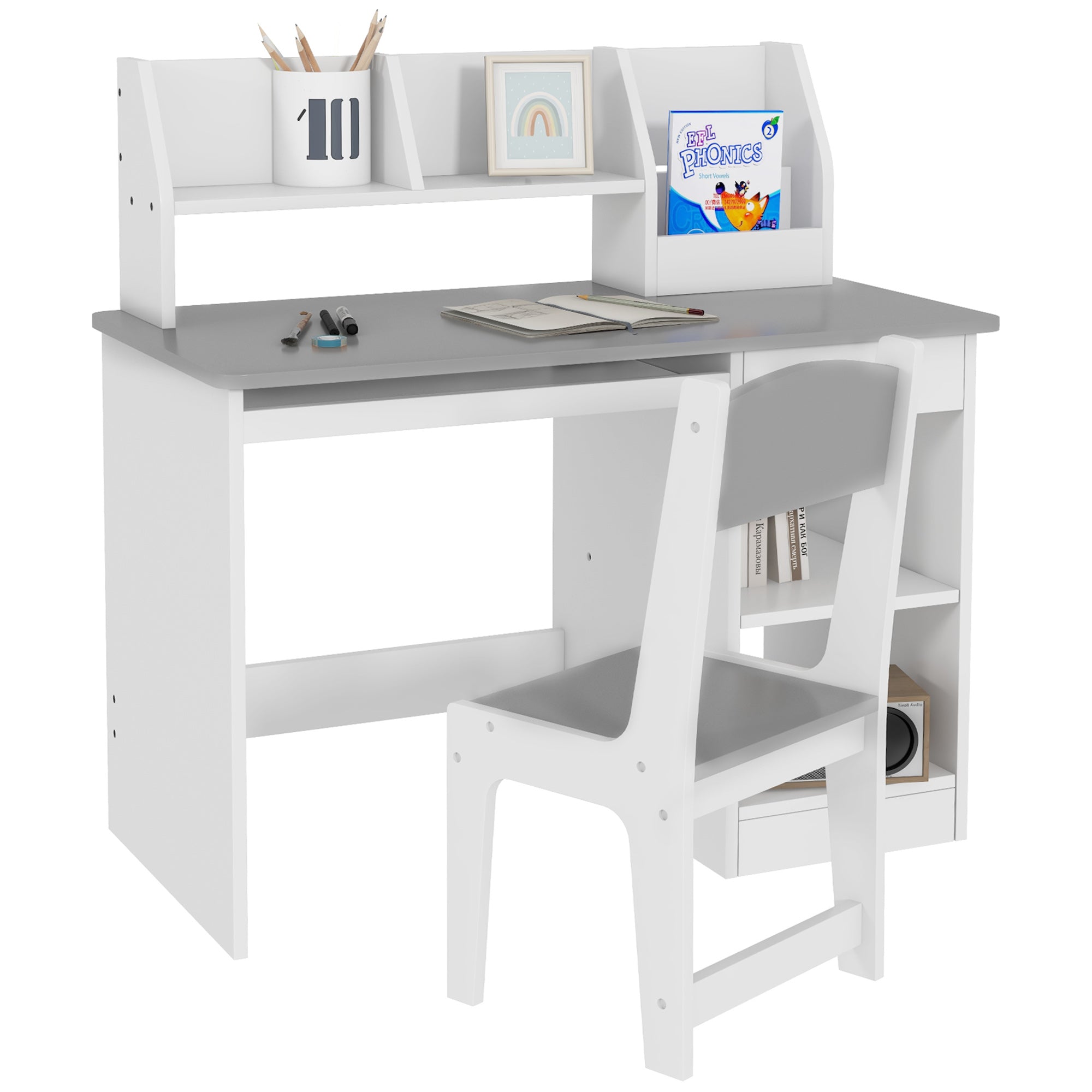 Kids Desk and Chair Set with Storage, Study Desk with Chair for Children 5-8 Years Old, Gray