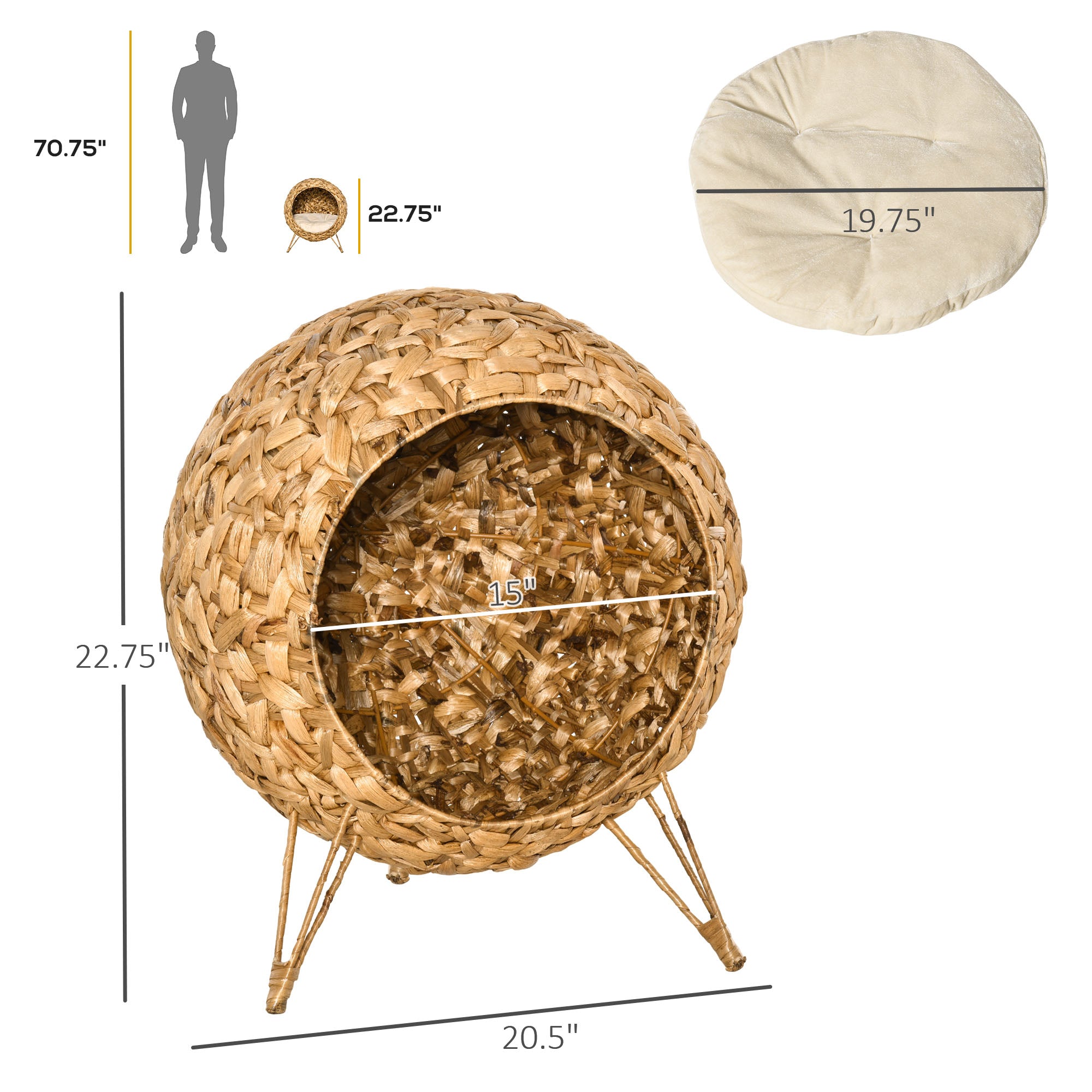 20.5" Weaved Cat Bed, Elevated Hand-woven Braided Banana Leaf Kitten House Condo with Cushion, Natural