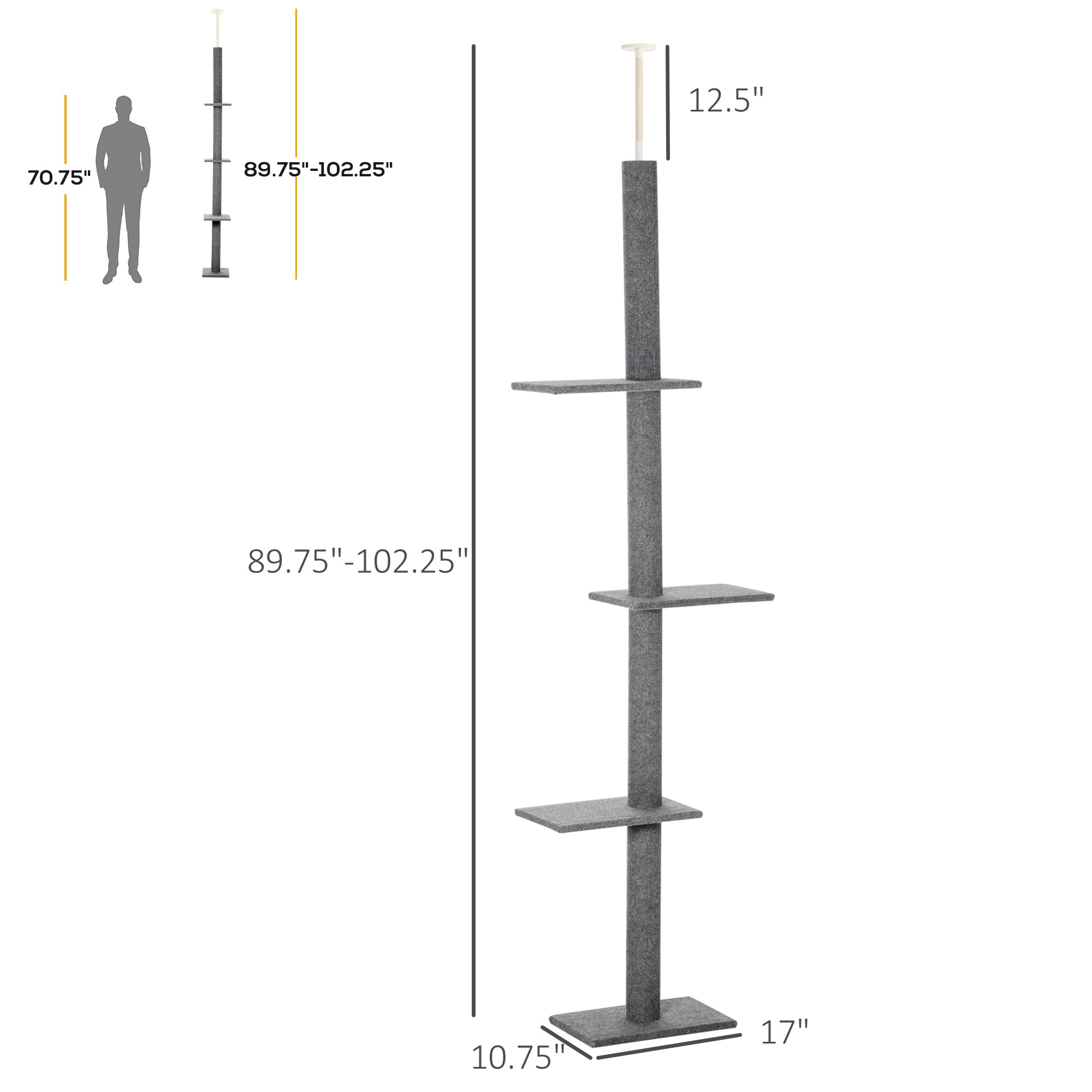 Floor-to-Ceiling Cat Tree Cat Climbing Tower with Sisal-Covered Scratching Posts Natural Cat Activity Center for kittens Cat tower furniture, Gray