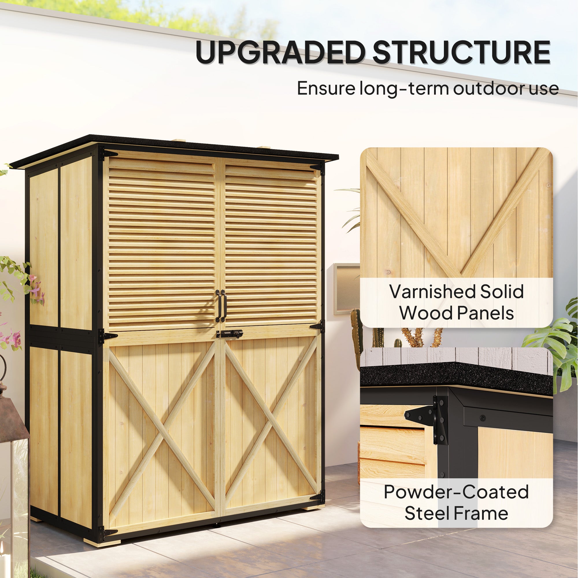 Wood Storage Shed, Outdoor Garden Shed with Asphalt Roof, 2 Shelves, Lockable Doors and Adjustable Feet, Natural