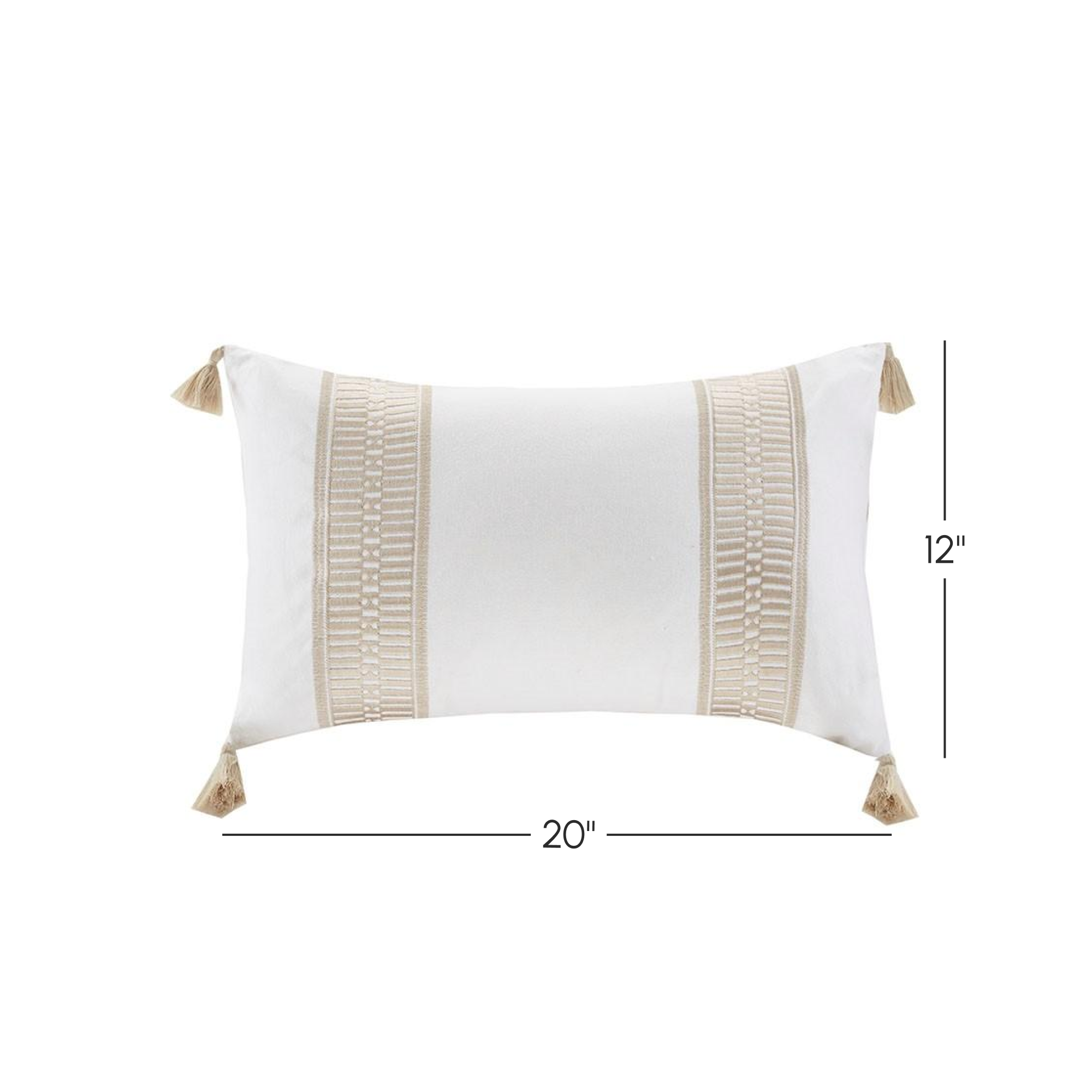 Embroidered Cotton Oblong Pillow with Tassels, Hidden Zipper, Hypoallergenic Filling, Ideal for Home Decor, 20" L x 12" W x 5" H, Multicolor