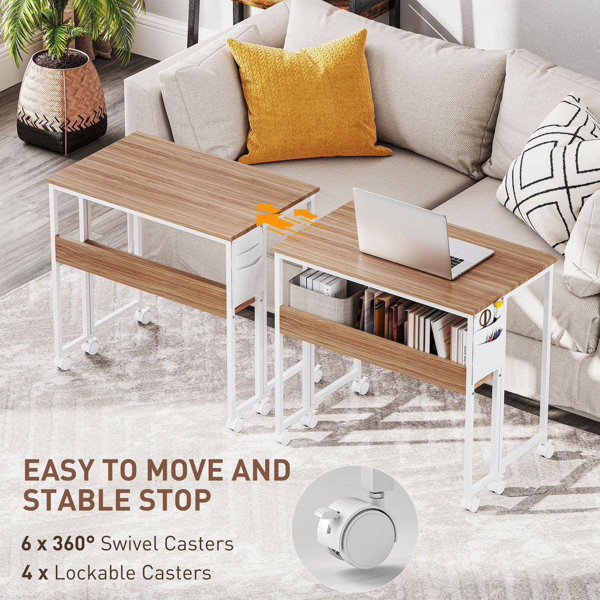 Folding Computer Desk, Foldable Desk with Storage Bag, Shelf and Wheels for Small Spaces, Home Office, Natural Wood