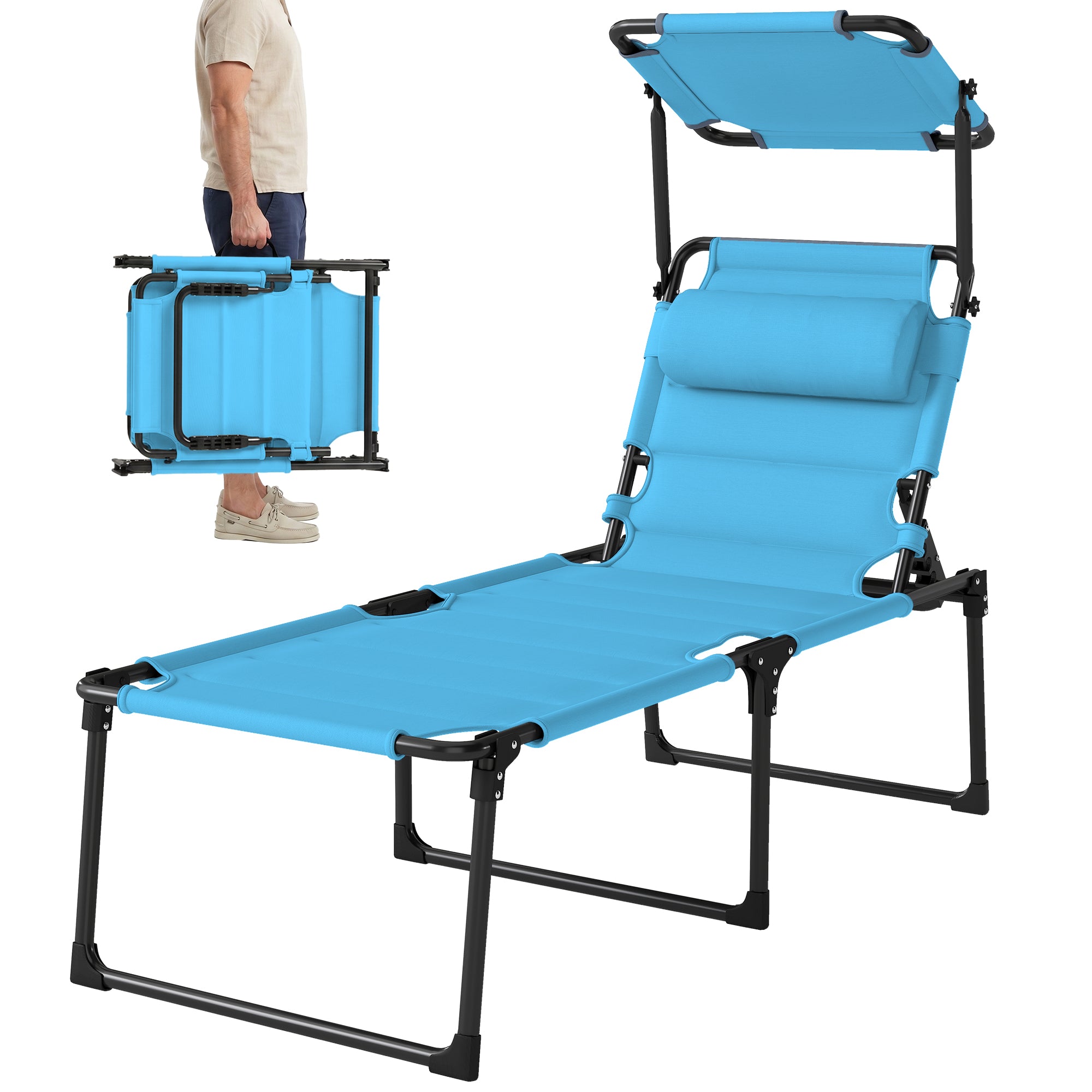 Outdoor Lounge Chair, 4 Position Adjustable Backrest, Folding, Cushioned w/ Sun Shade Roof & Pillow, Blue