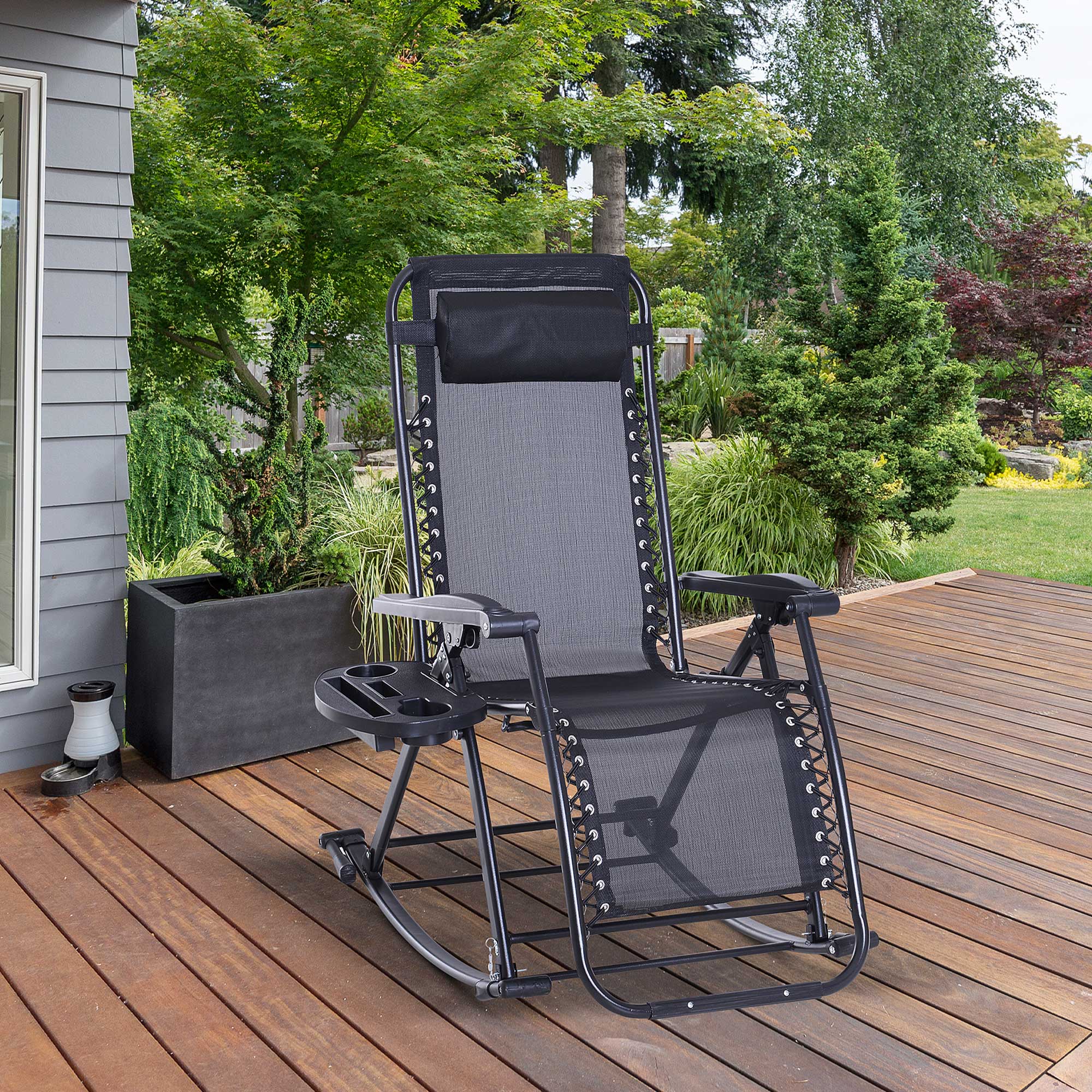 Outdoor Rocking Chairs, Foldable Reclining Zero Gravity Lounge Rocker with Pillow, Cup & Phone Holder, Combo Design with Folding Legs, Black