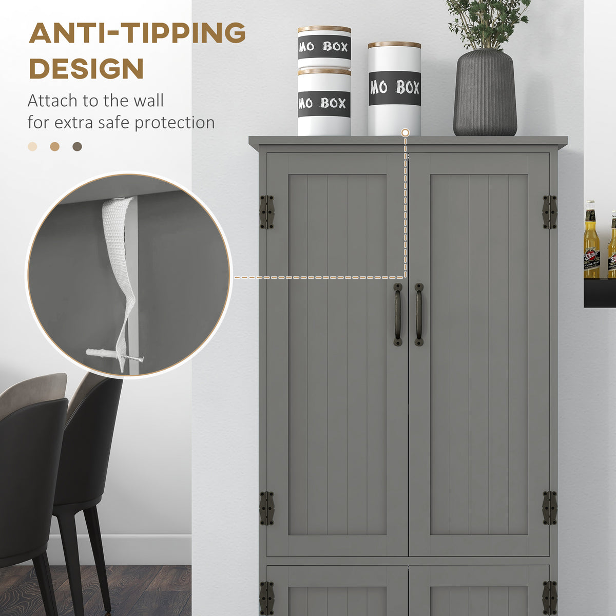 Accent Floor Storage Cabinet Kitchen Pantry with Adjustable Shelves and 2 Lower Doors, Gray
