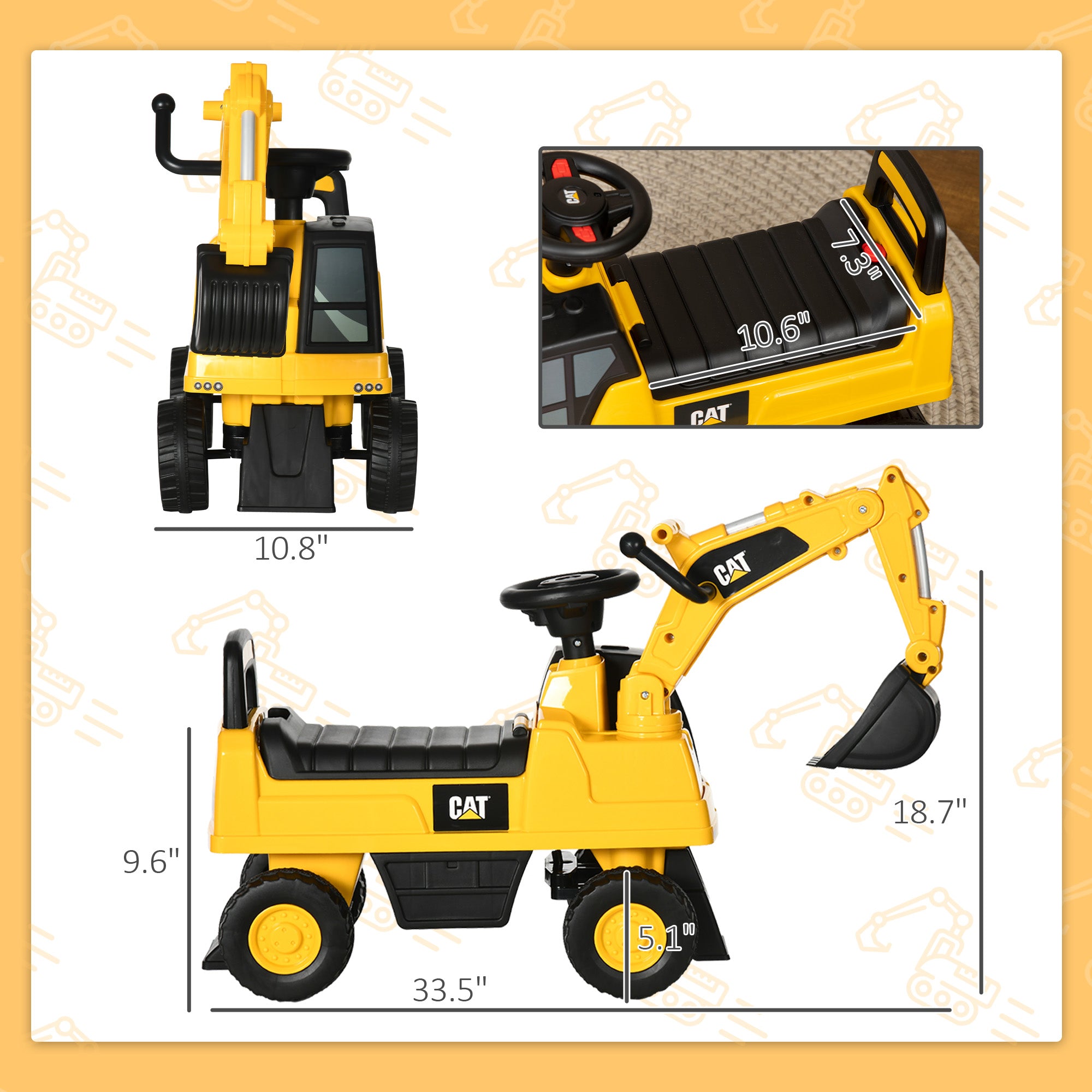 Kids Excavator Ride on Toy CAT Licensed with Manual Shovel, Horn, Hidden Storage for 18-36 Months, Yellow