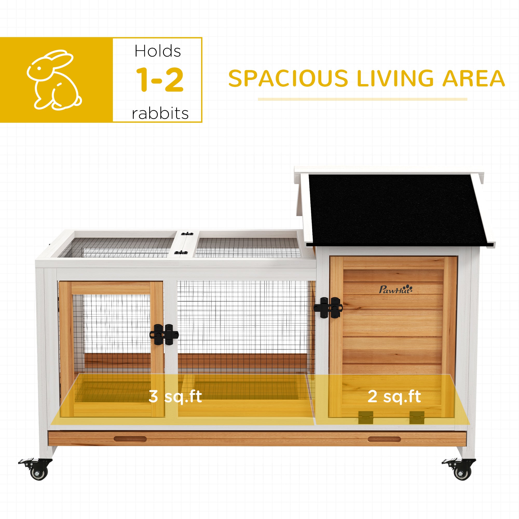 Wooden Rabbit Hutch with Wheels, Run, Slide-out Tray for Small Animals, Guinea Pig, Yellow