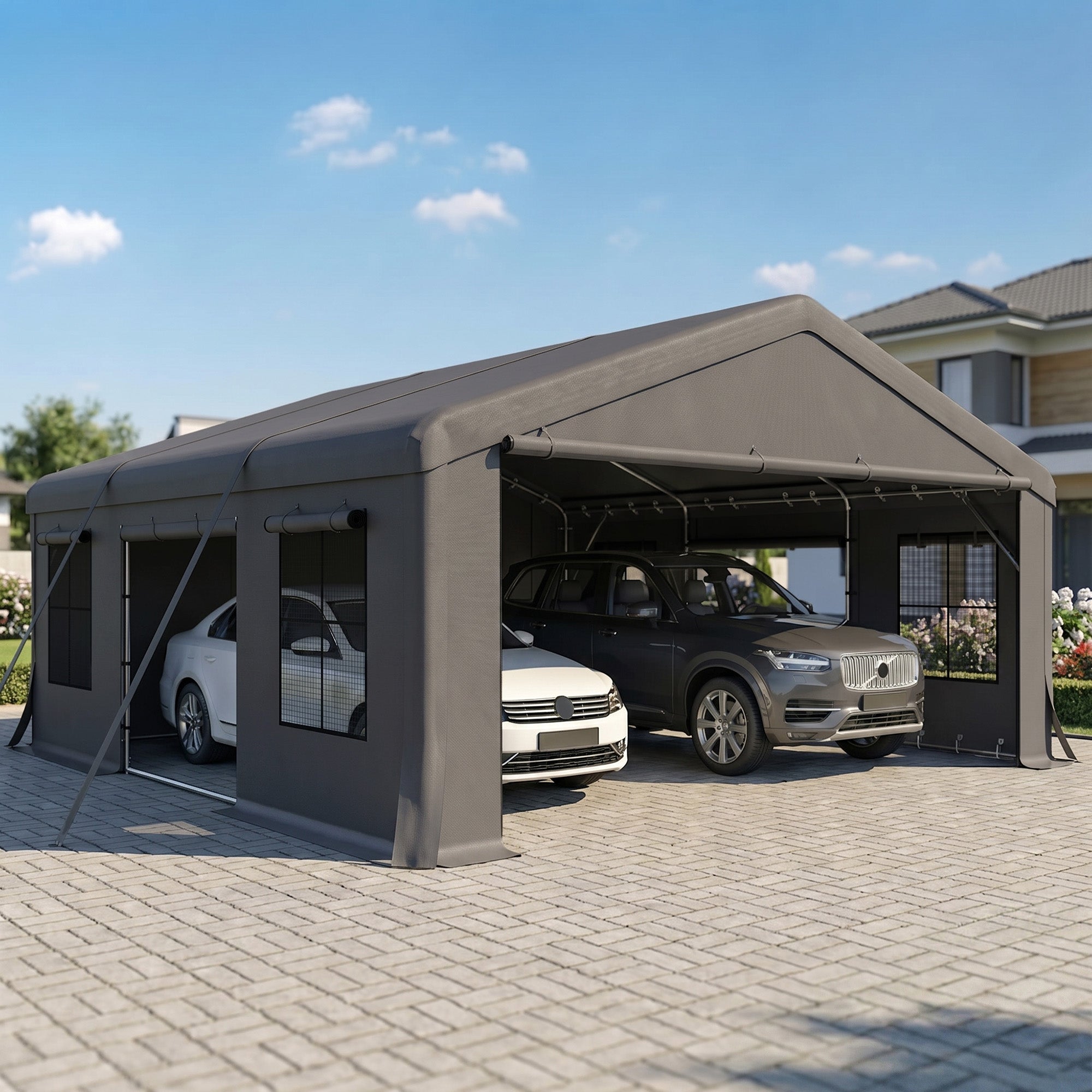 20' x 20' Heavy Duty Carport, Portable Garage Car Canopy Tent Shelter with 3 Roll-up Doors, 4 Windows, Dark Gray