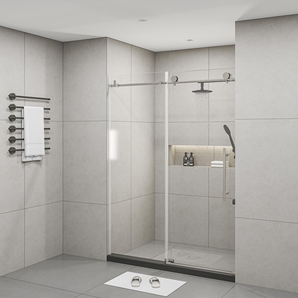Frameless Shower Door with Stainless Steel Hardware, Support Bar, Bathroom Door with Waterproof Seals, 60" L x 0.5" W x 76" H, Brushed Nickel