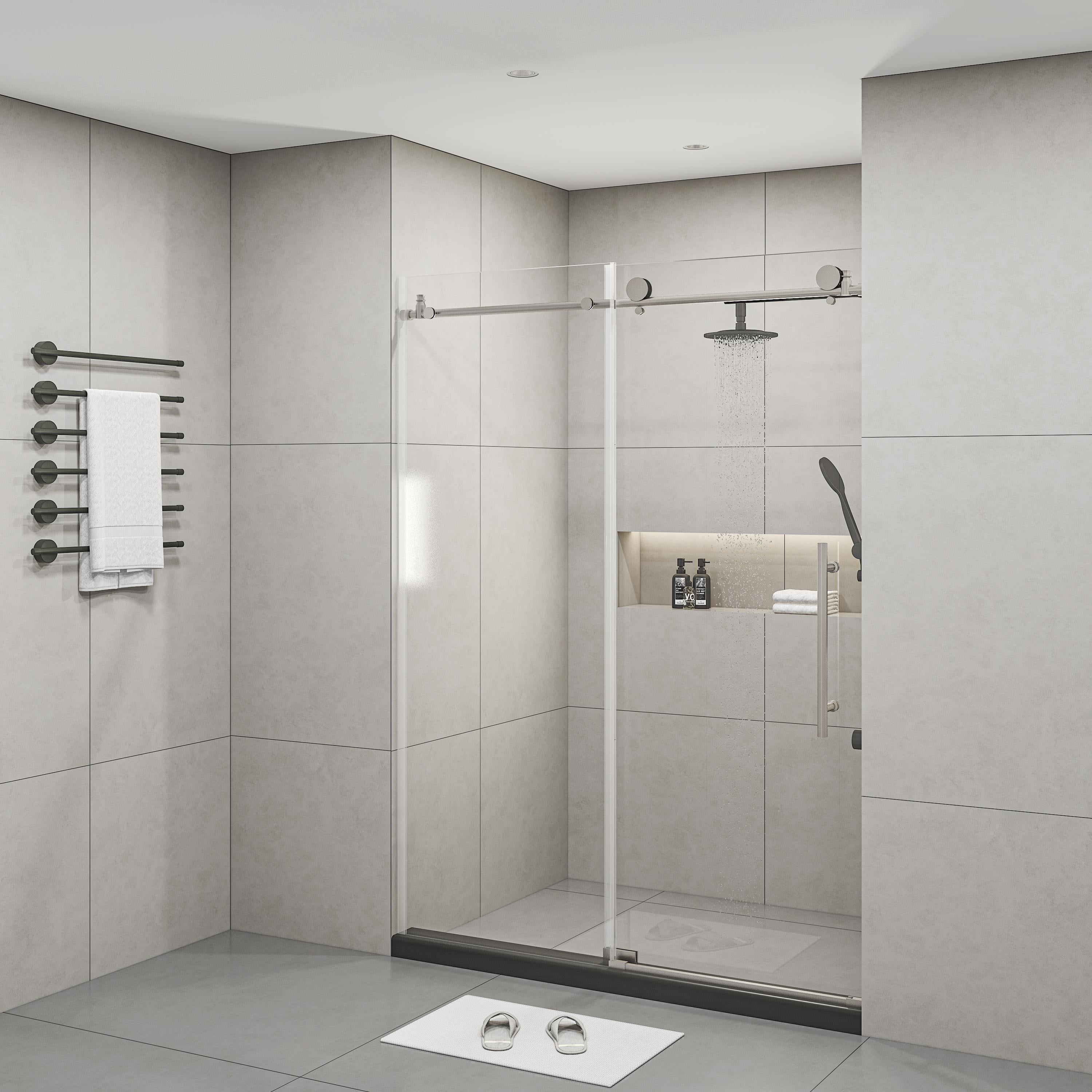Frameless Shower Door with Stainless Steel Hardware, Support Bar, Bathroom Door with Waterproof Seals, 60" L x 0.5" W x 76" H, Brushed Nickel