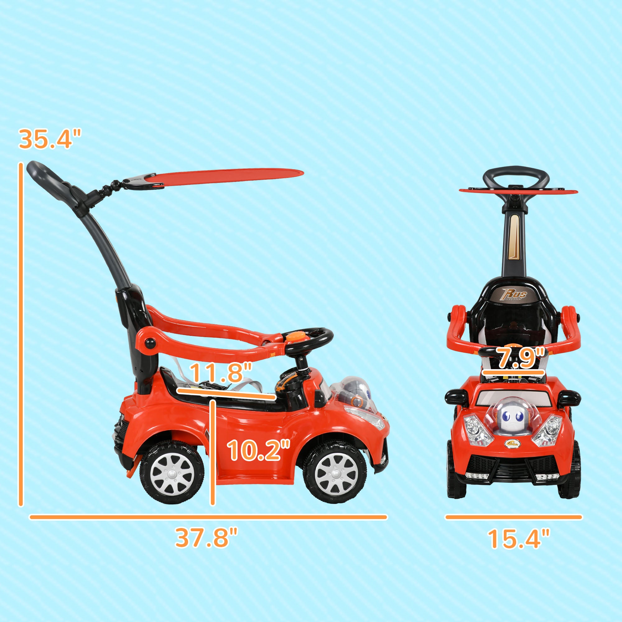 3 in 1 Push Car Sliding Car with Removable Handle, Music, Horn, Canopy, Safety Guardrail, Red
