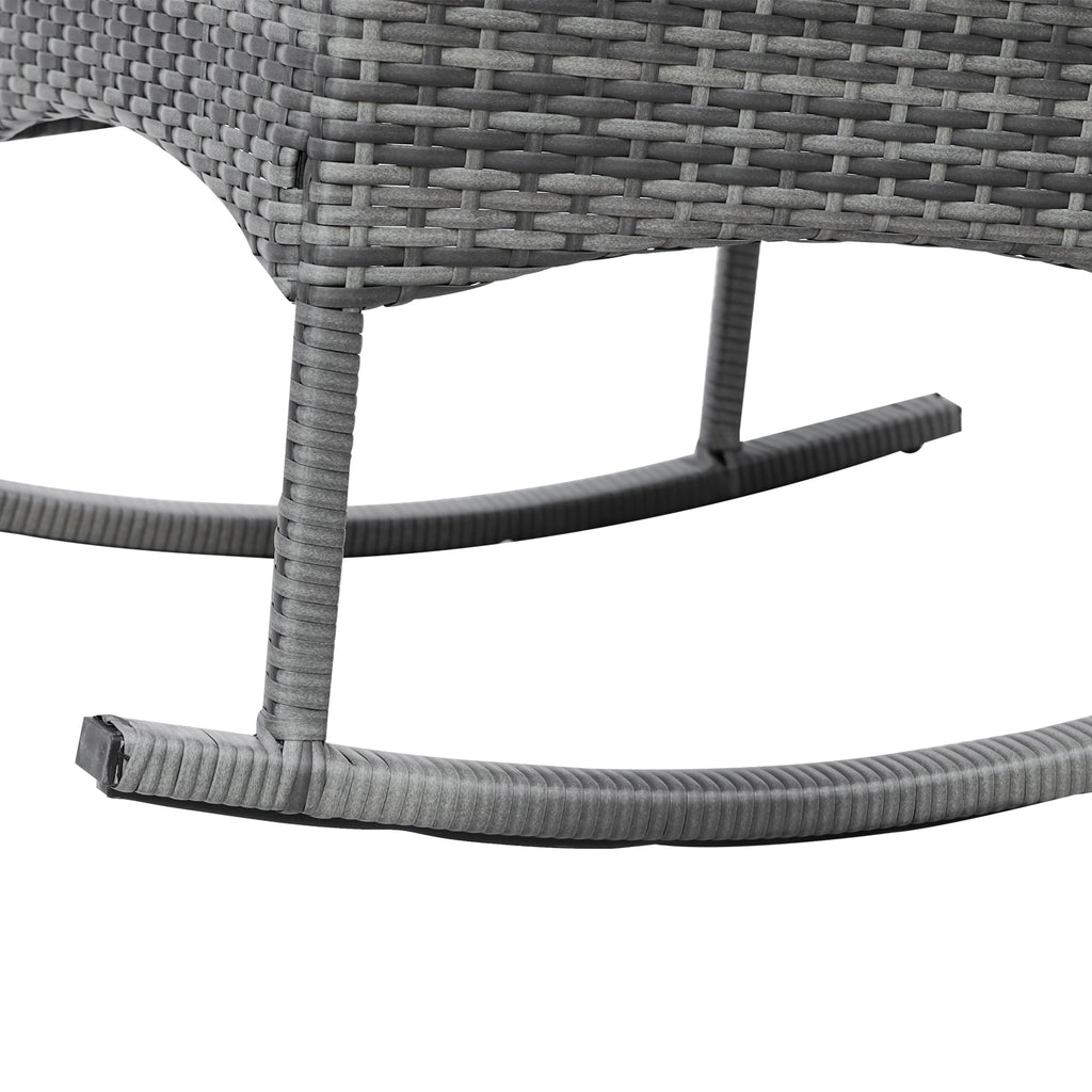 3 Piece Outdoor PE Rattan Rocking Chair Set, Patio Wicker Recliner Rocker Chair with Soft Cushion & Nature Wood Top Coffee Table, Gray