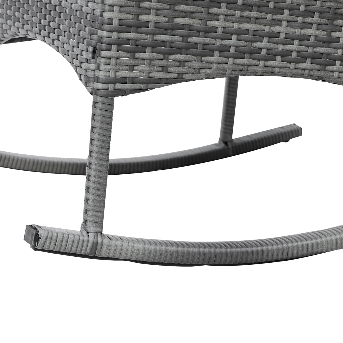 3 Piece Outdoor PE Rattan Rocking Chair Set, Patio Wicker Recliner Rocker Chair with Soft Cushion & Nature Wood Top Coffee Table, Gray