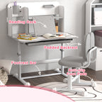Height Adjustable Kids Desk and Chair Set for Writing Drawing w/ Tilt Desktop, Storage Drawer and Reading Rack, Gray