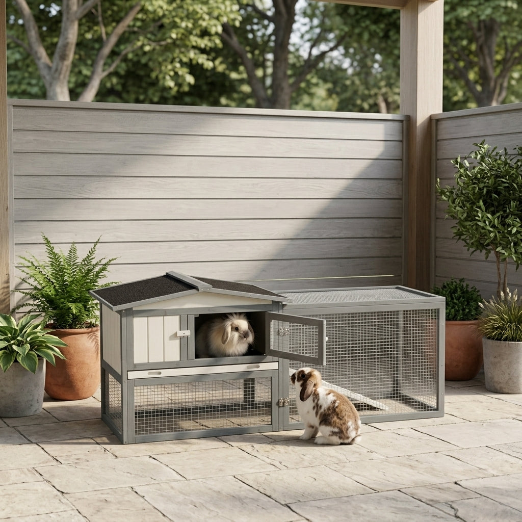 Large Rabbit Cage Outdoor 61"L Guinea Pig Hutch w/ Run Feeding Trough Removable Tray Ramp Asphalt Roof, White