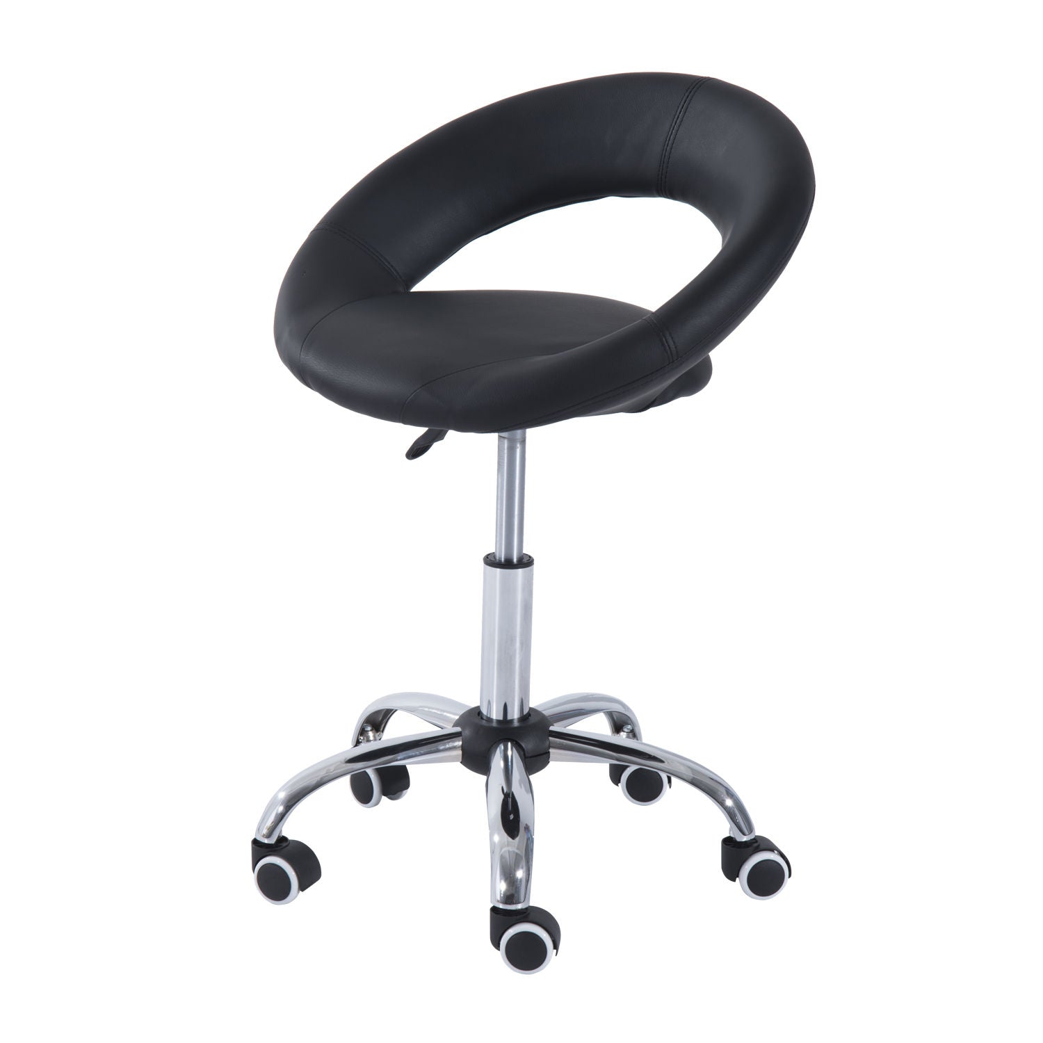 Crescent Rolling Salon Stool with Adjustable Height, Breathable Open Back, Foam Cushion Seat, and 5 Caster Wheels, Black