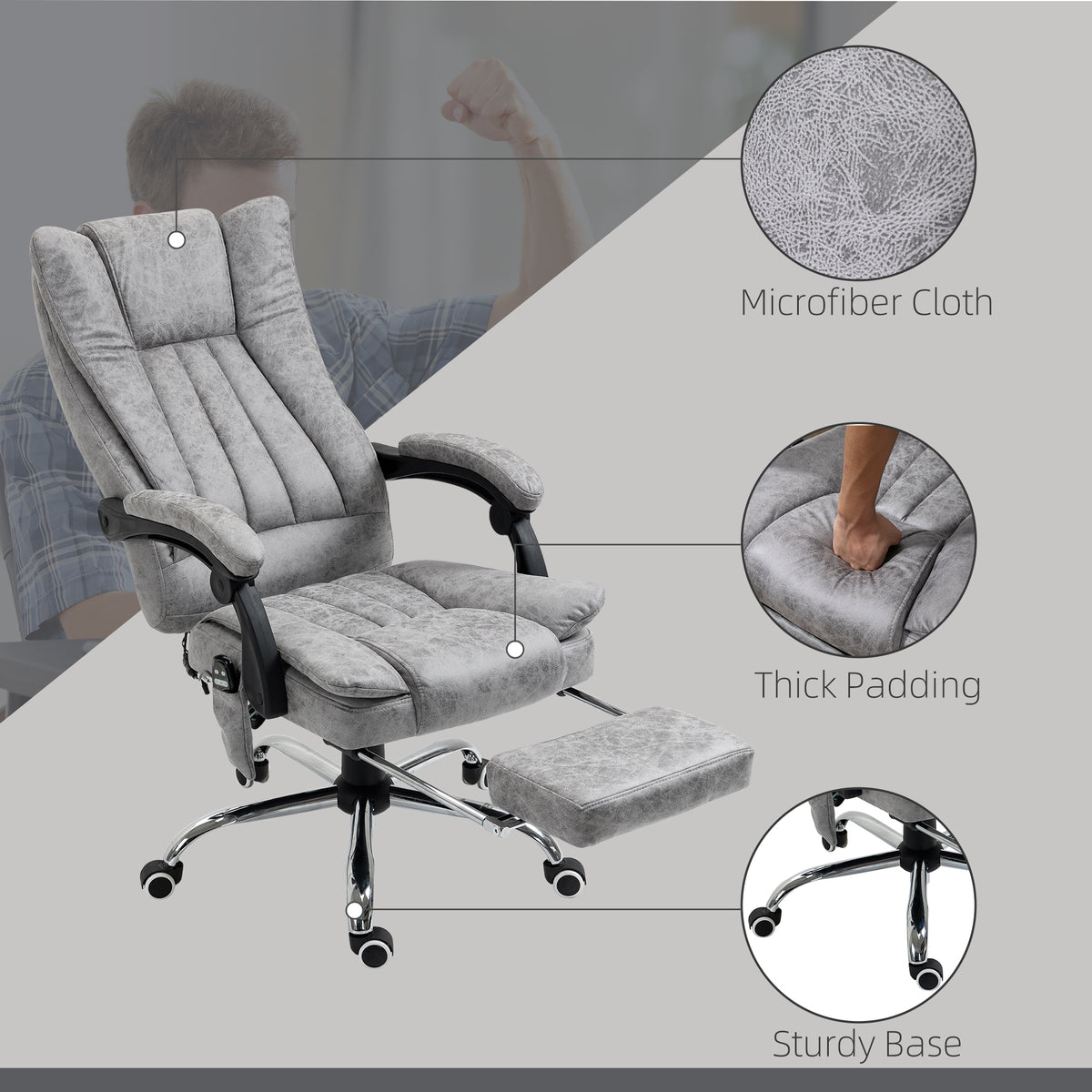 Massage Office Chair with 6 Points and Heat, Reclining Computer Chair with Adjustable Height and Footrest, Gray