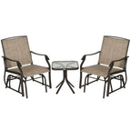 3 Piece Outdoor Glider Chair with Coffee Table Bistro Set, 2 Patio Rocking Swing Chairs with Breathable Sling Fabric, Glass Tabletop, for Backyard, Garden and Porch, Mixed Brown