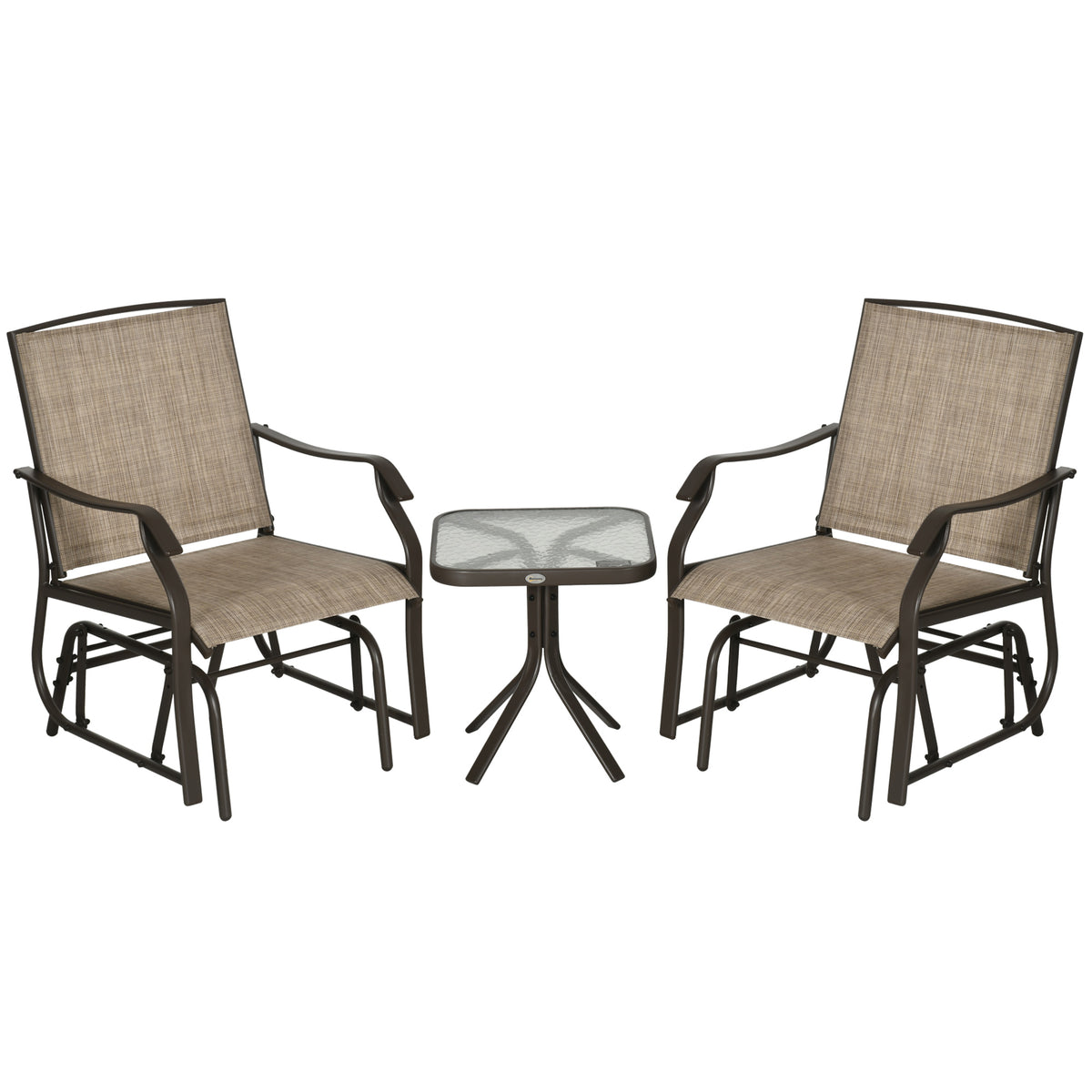 3 Piece Outdoor Glider Chair with Coffee Table Bistro Set, 2 Patio Rocking Swing Chairs with Breathable Sling Fabric, Glass Tabletop, for Backyard, Garden and Porch, Mixed Brown