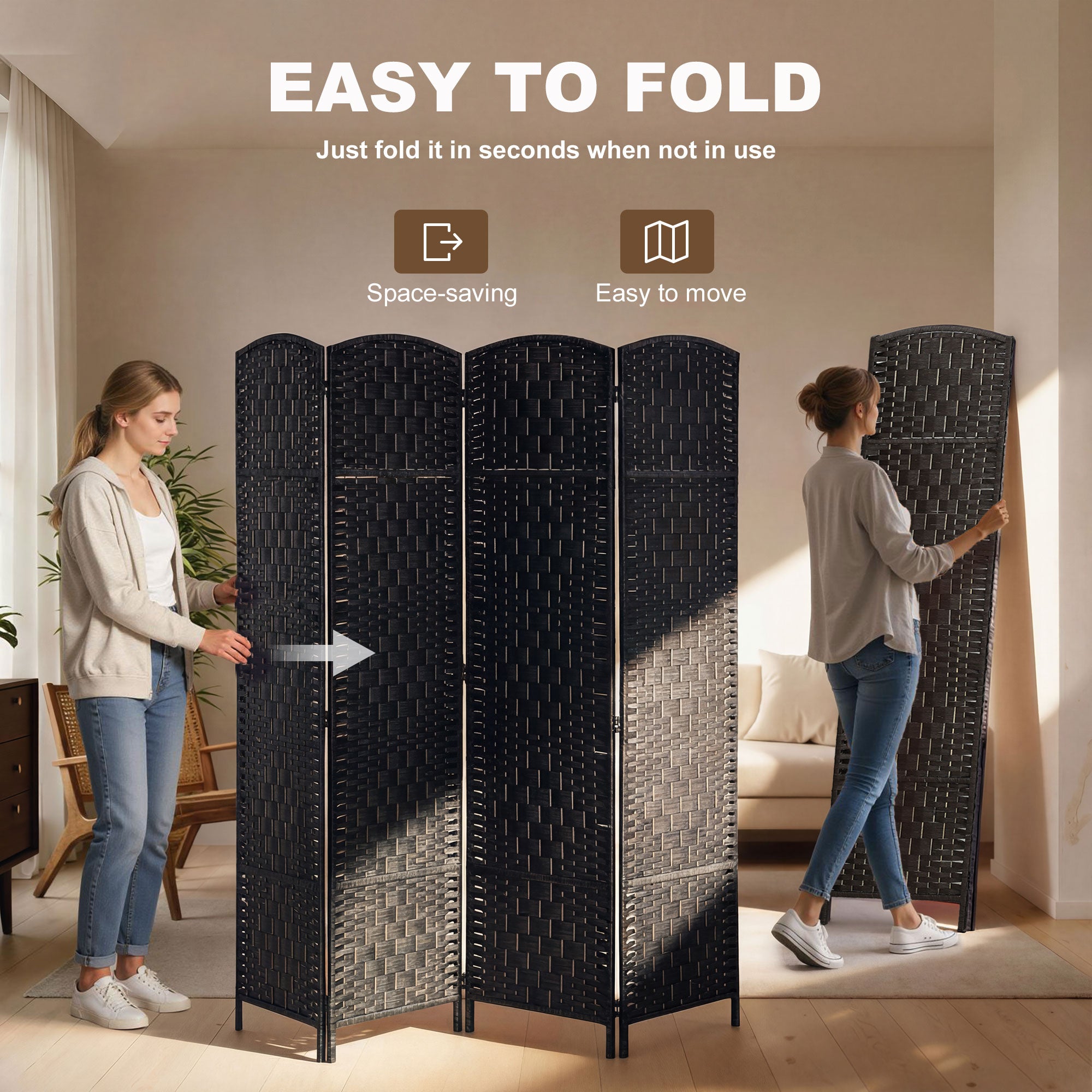 Room Divider, 4 Panel Folding Privacy Screen, 70.9" Tall Portable Weave Partition Wall Divider for Bedroom, Coffee