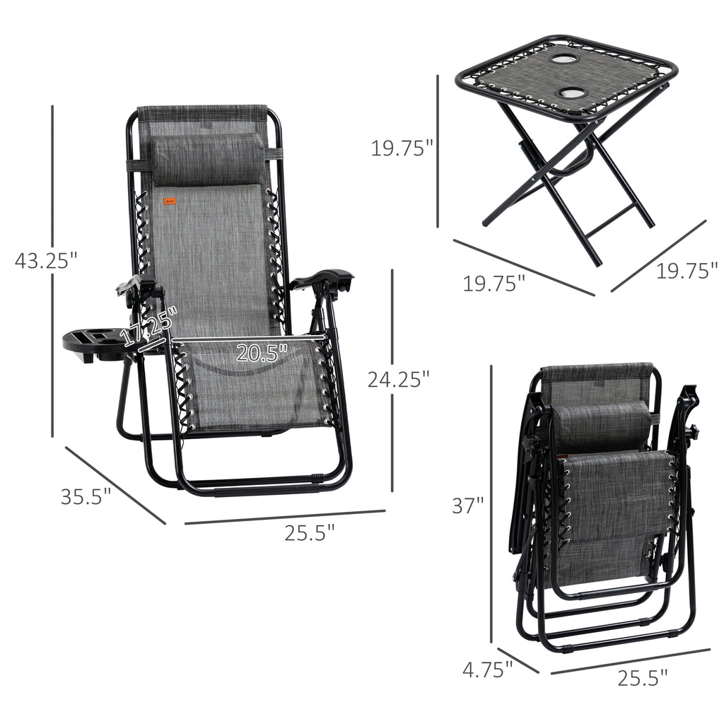 Zero Gravity Chair Set with Side Table, Folding Reclining Chair with Cupholders & Pillows, Adjustable Lounge Chairs for Pool, Backyard, Lawn, Beach, Gray