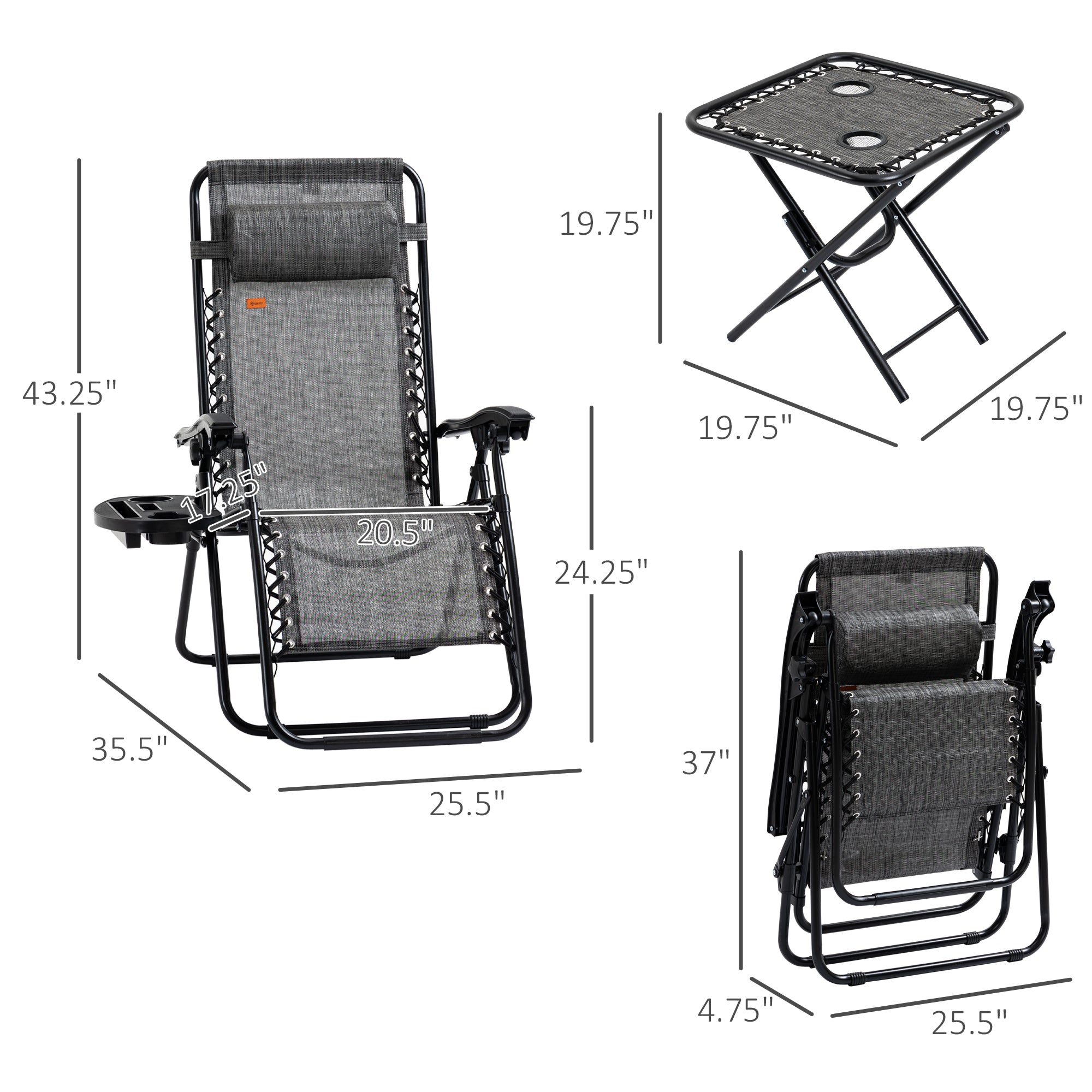 Zero Gravity Chair Set with Side Table, Folding Reclining Chair with Cupholders & Pillows, Adjustable Lounge Chairs for Pool, Backyard, Lawn, Beach, Gray
