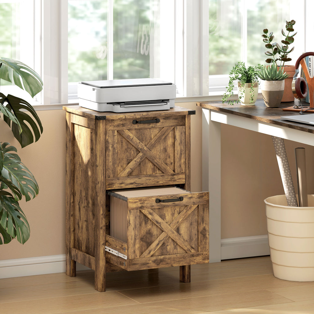 Vertical File Cabinet with 2 Drawers, Rustic Farmhouse Office Storage Cabinet for A4, Letter Size, Rustic Brown