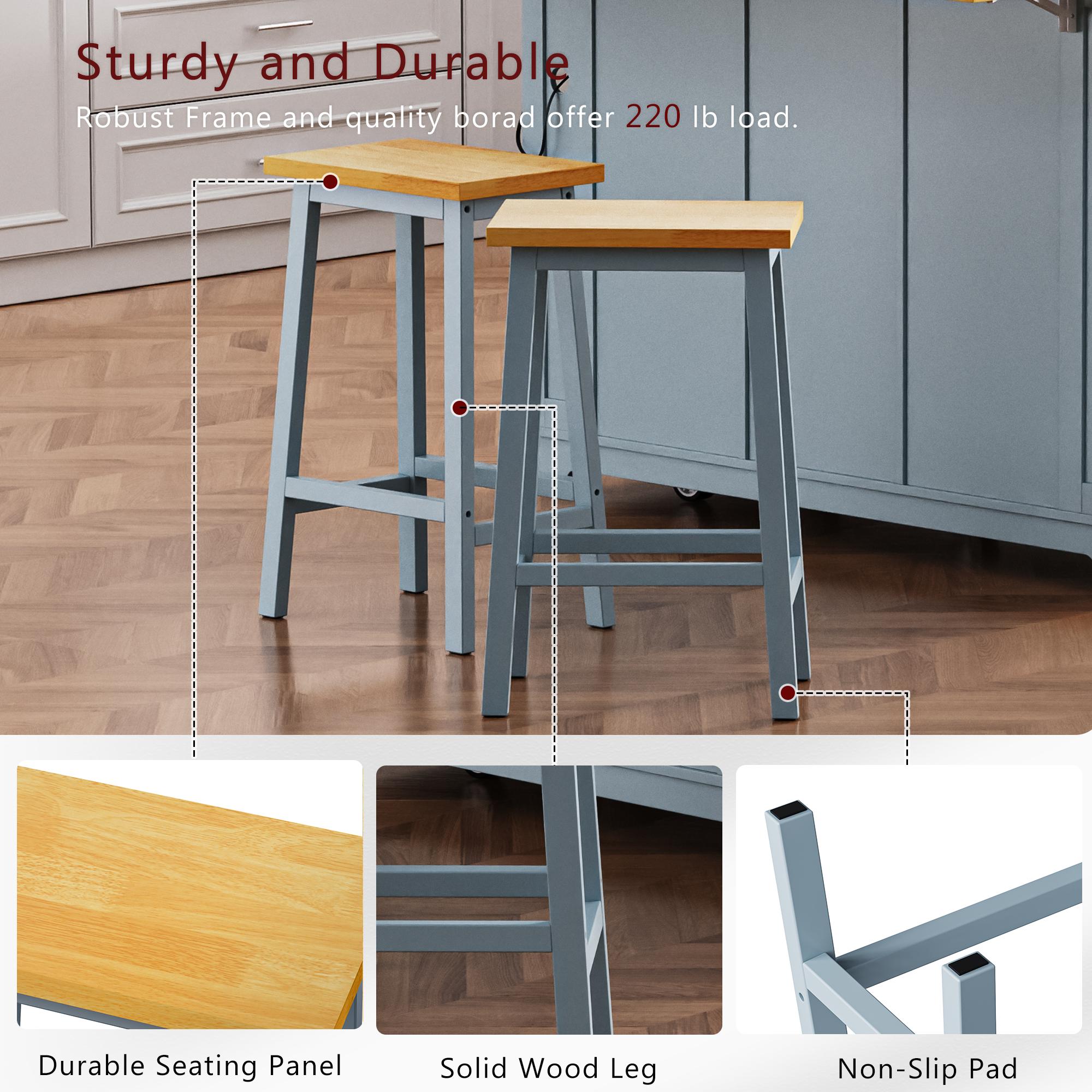Solid Wood Bar Stools Set of 2, Tall Kitchen Counter Stools with Footrests, Farmhouse Style, Anti-Scratch Pads, 16" L x 11" W x 25.5" H, Gray+Blue