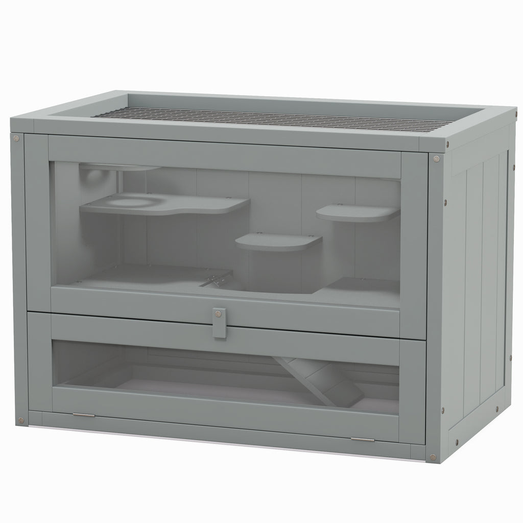 2-Level Hamster Cage with Openable Top, Door, Shelf, Ladder, Gray