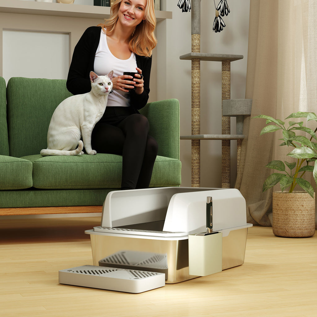 2 Pack Stainless Steel Litter Box with Metal Scoop & Scoop Holder, High Sided, Anti-Urine Leakage, Non-Sticky