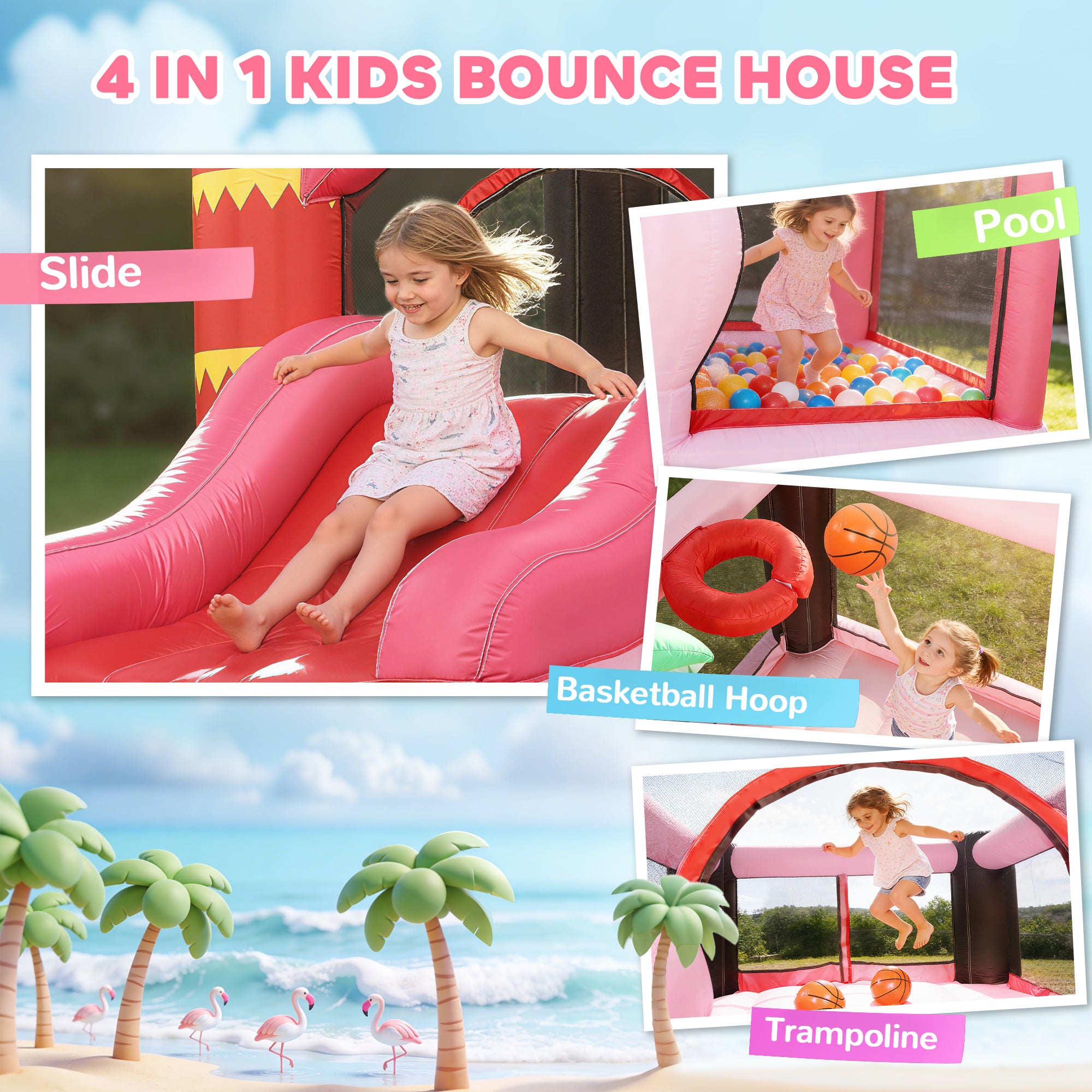 Inflatable Bounce House with Ball Pool, Basketball Hoop, Jumping Bouncy Castle with Blower for Indoor Outdoor, Pink