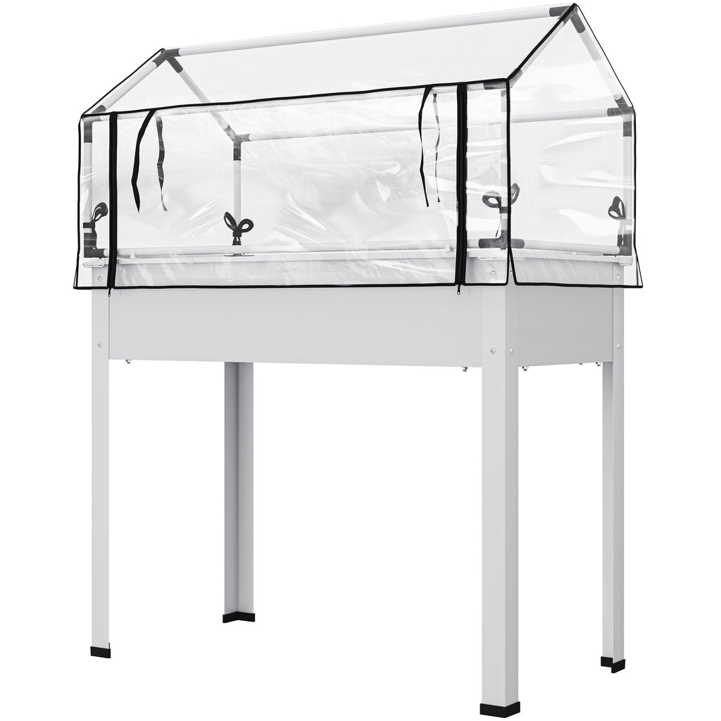 Elevated Garden Box with Greenhouse Cover, Raised Garden Bed with Legs and Drainage Hole for Vegetables, White