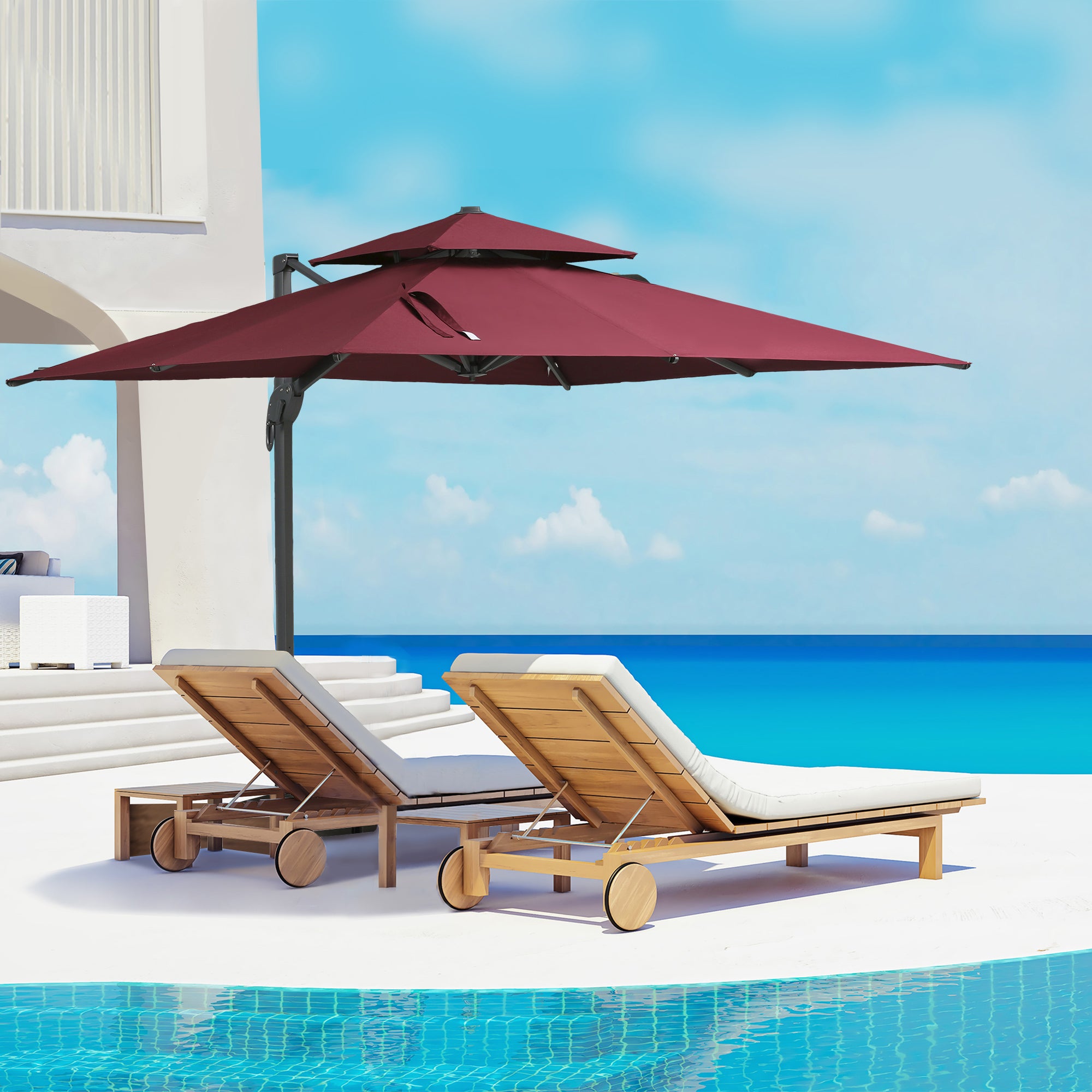 10ft Offset Patio Umbrella, Hanging Cantilever Umbrella, Square Shape, Aluminum Cross Base, Tilt, 360-Degree Rotation, Red
