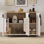 Fluted Kitchen Island with Drop Leaf, Internal Storage Rack, Rolling Kitchen Cart with Towel Rack, Adjustable Shelves, Smooth Curved Edge, White