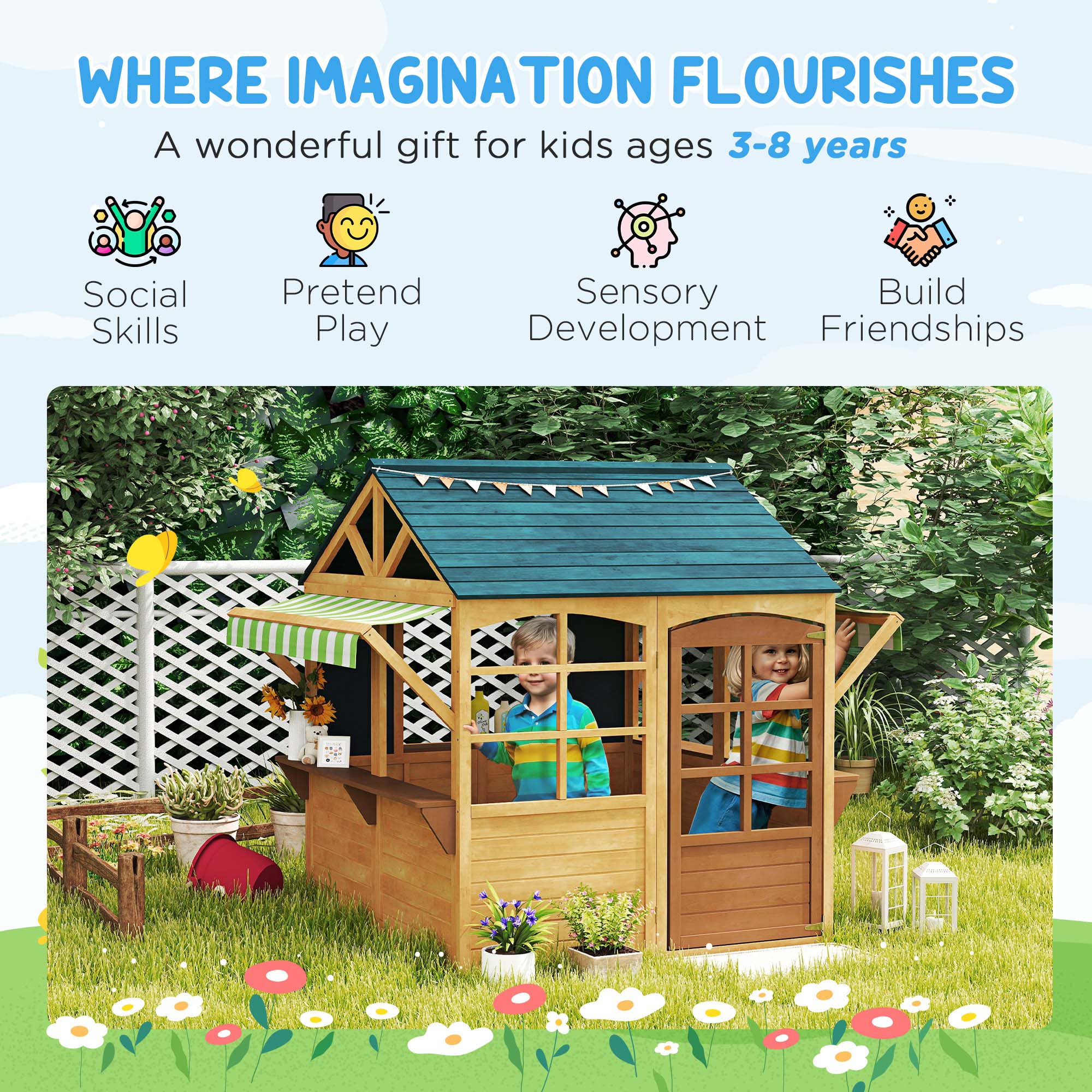 Wooden Outdoor Playhouse, Foldable Kids Cottage with Windows, Working Door, Snack Bars, Waterproof Covers, for 3-8 Years