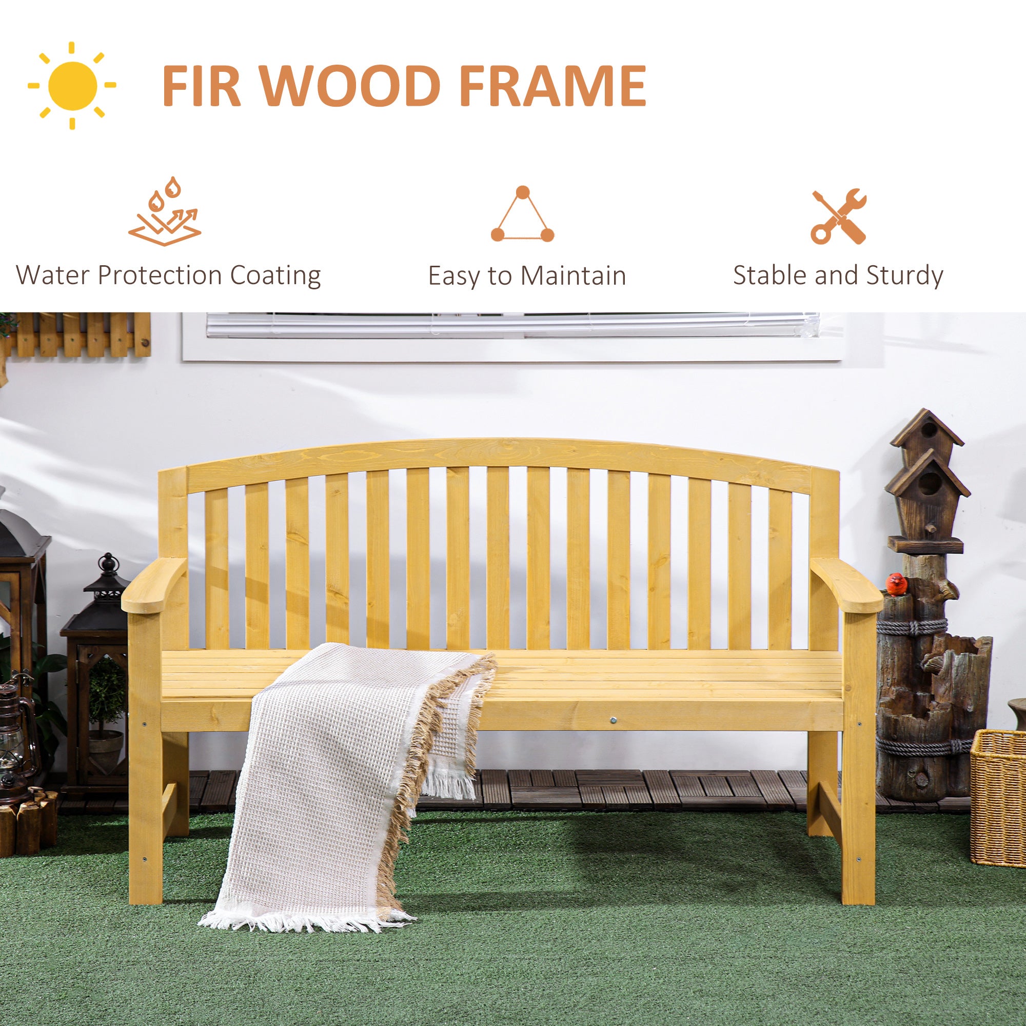 56" Outdoor Wood Bench, 2-Seater Garden Bench with Backrest and Armrest, Patio Bench for Patio, Porch, Poolside, Balcony, Natural
