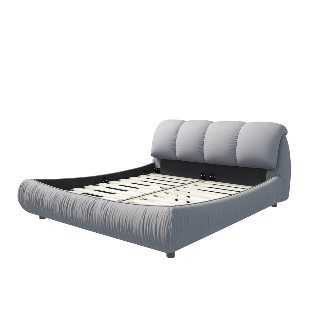 King Size Upholstered Bed with Oversized Padded Backrest, Solid Wood Frame, Adjustable Mattress Heights, 96.5" L x 86" W x 43.5" H, Gray