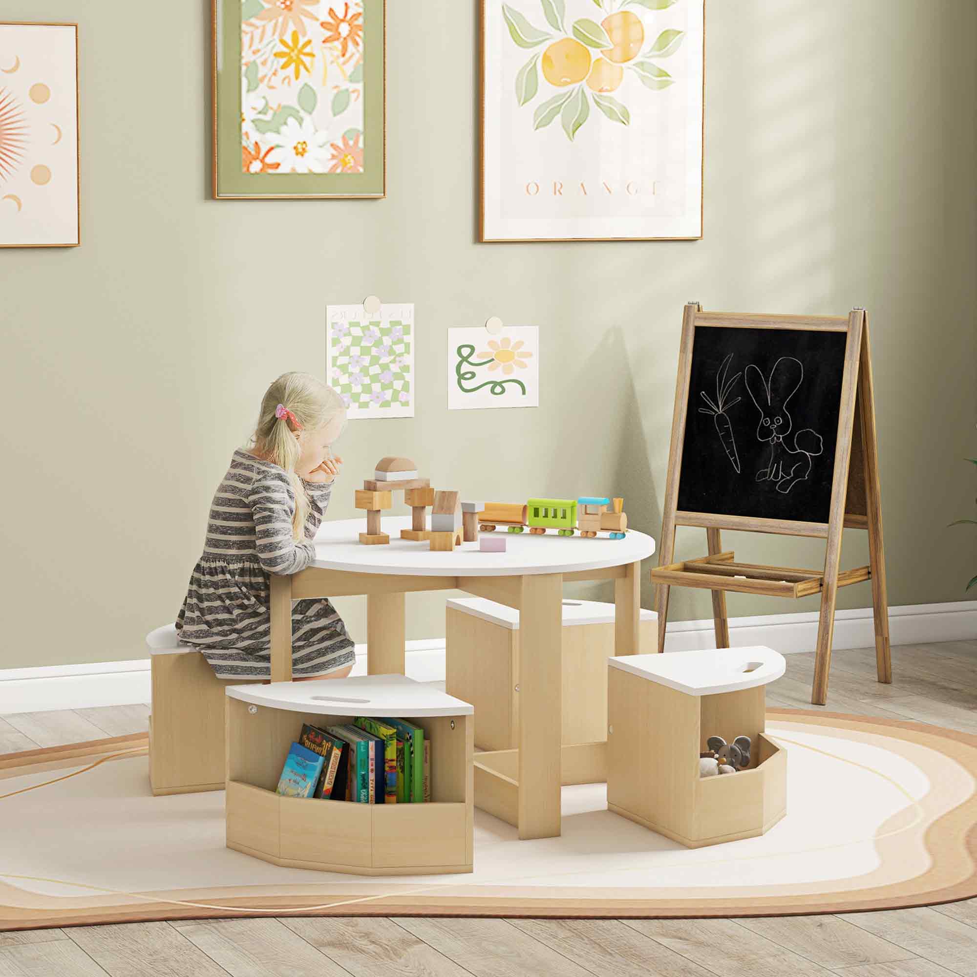 5 Piece Kids Table and Chairs Set with Storage for Art, Craft, Drawing, Playroom, Classroom, Nursery, White
