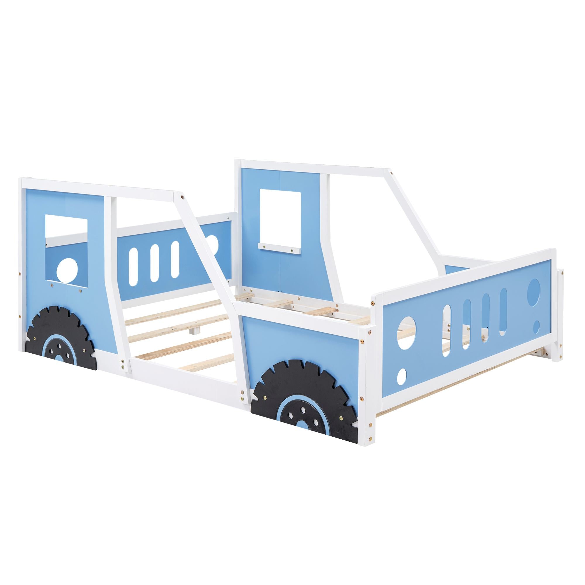 Full Size Classic Car-Shaped Platform Bed with Wheels, Pine Wood Frame, Easy Assembly, 77.5" L x 57" W x 32" H, Blue